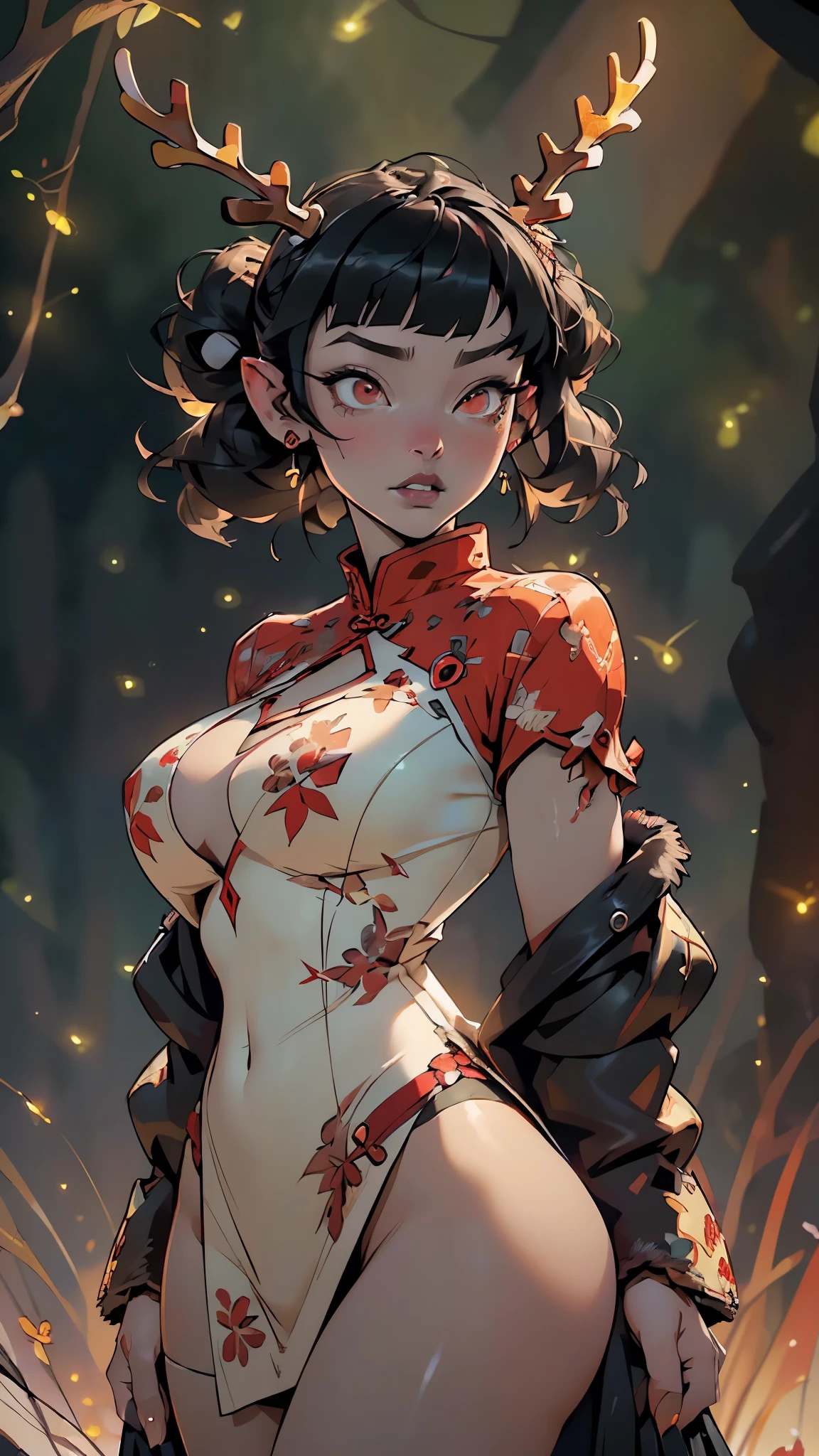 gothic reindeer girl,(((1girl))),((extremely cute and beautiful black haired anime gothic reindeer girl)),

(((anthro furry:1.2), Playboy_Reindeer, reindeer_antlers,(huge antlers:1.5,dear antlers:1.5,blooming antlers:1.5))),(large breasts:1.4),saggy breasts,((((black hair:1.5,Qi bangs,double bun hair,ear breathing)))),(((red_eyes:1.3))),intricate eyes,beautiful detailed eyes,symmetrical eyes,big eyes:1.5,(((lustrous skin:1.5,bright skin: 1.5,skin tanned,shiny skin,very shiny skin,shiny body,plastic glitter skin,exaggerated shiny skin,illuminated skin))),(spider lower abdomen,narrow waist,wide hip,athletic body,inflated legs,thick thighs,detailed body,(detailed face)),

cute,slutty,seductive,erotic,(((nsfw))),

zettai ryouiki,revealing clothing,show skin,(((Sexy goth fur coat, goth fur coat outfit,wearing a goth fur coat:1.3,dark red coat))),((red goth mini-skirt,red goth mini skirt,visible thong straps, navel)),((underpants strap)),(red gothic clothes,semi-naked,with little goth clothing),((((Black Eyeshadow,Thick Black Eyeliner,Long Dramatic Eyelashes,Black Lips))),(((intricate outfit,intricate clothes,embroidered outfit,ornate outfit))),

(dynamic pose:1.0),embarrassed,(centered,scale to fit dimensions,Rule of thirds),

((((many fireflies,fireflies,glowing fireflies,fireflies in the background)))),

((deep and dark cavern)),(mysterious lights in the background, stalagmites, stalactites),scenery:1.25,intricate scenery,((deep and dark cavern background)),

(Glossy ornaments),highres,sharp focus,(ultra detailed,extremely detailed),(photorealistic artwork:1.37),(extremely detailed CG unity 8k wallpaper),(((vibrant colors,vibrant theme))),(intricate),(masterpiece),(best quality),artistic photography,(photography taken by sldr),(intricate background),perfect rendered face,perfect face details,realistic face,photo realistic,((intricate detail)),(((realism))),
