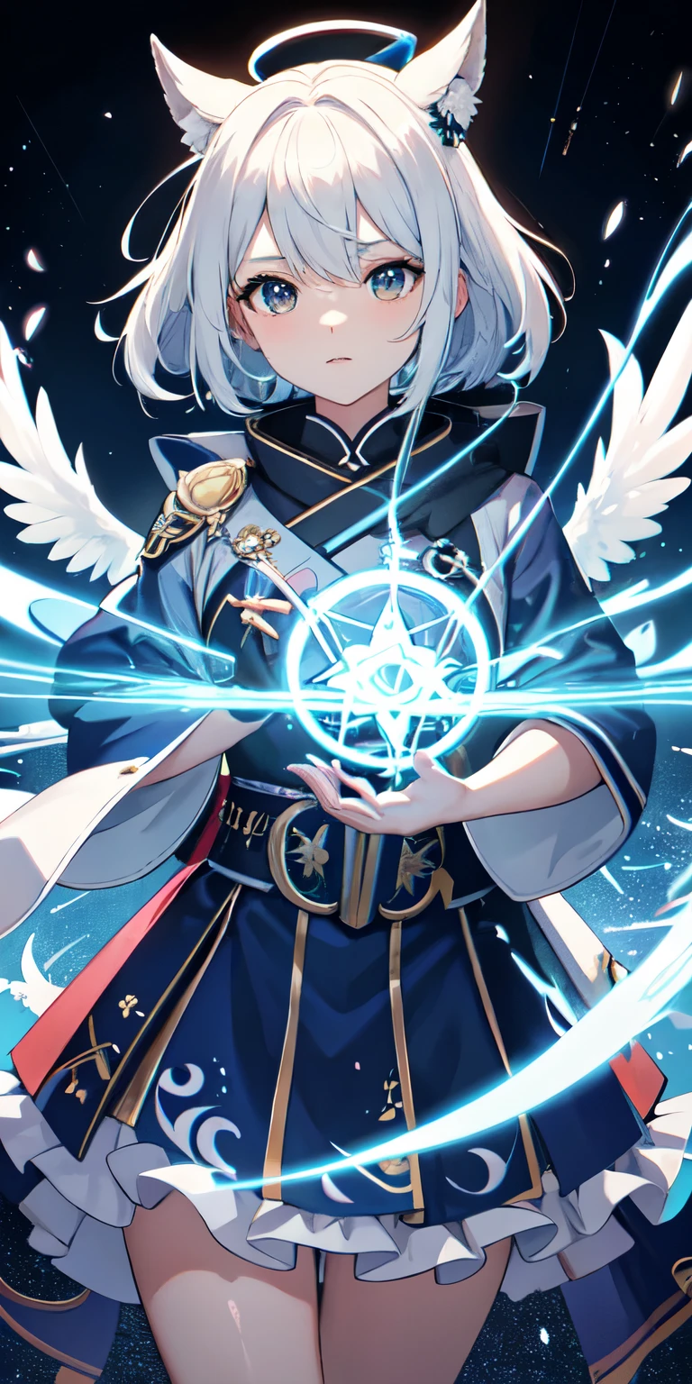 1 chica, ropa japonesa, cola de caballo ,pelo blanco, ojos azules , magic circle, fuego azul, llamas azules, fondo de pantalla, paisaje, Sangre, Sangre splatter, profundidad de campo, noche, light particles, rayos de luz, side lighting, muslos, destino \(serie\), impacto genshin, ****, chaqueta abierta, Falda, muslos, nube
