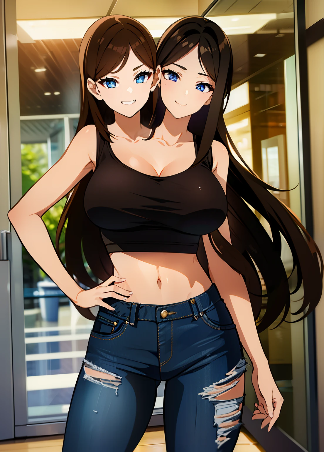 (masterpiece),(ultra-detailed), (high quality), (high resolution), (best quality:1.5, highres, UHD), highres, absurdo, ultra detail, ultra quality, Ultra resolution, 16k, 1girl, (2heads:1.5), girl with two heads, ((brown hair:1.5)), ((black hair:1.5)), ((different hair colors:1.5)), seductive grin, (purple tattered denim jeans), casual dress, sexy proportions, (exposed midriff), thighs, Beautiful girl with accentuated slender abs, ((seductive posture)), black tank top, ((different hairstyles)), different haircuts, (long hair), ice blue eyes, 