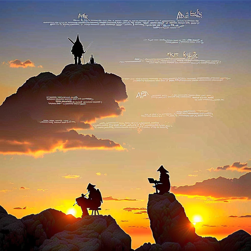 Awesome artwork of a wizard on the top of a mountain, he's creating the big text "Stable Diffusion 3 API" with magic, magic text, at dawn, sunrise.