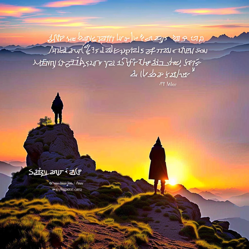 Awesome artwork of a wizard on the top of a mountain, he's creating the big text "Stable Diffusion 3 API" with magic, magic text, at dawn, sunrise.