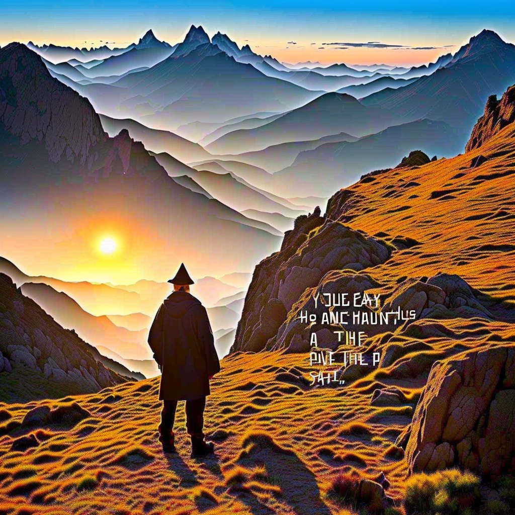 Awesome artwork of a wizard on the top of a mountain, he's creating the big text "Stable Diffusion 3 API" with magic, magic text, at dawn, sunrise.