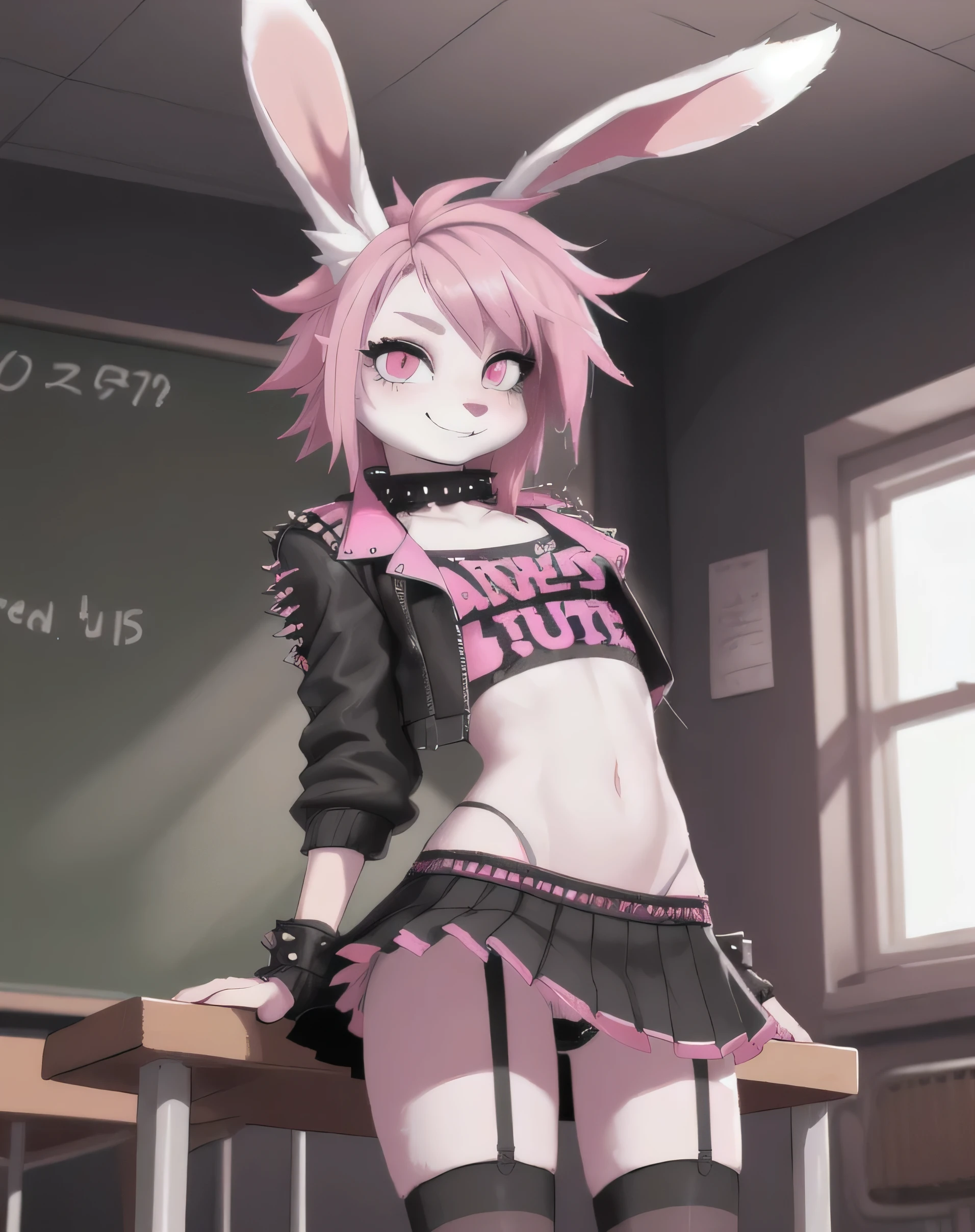 1girl, (Feminine), slim tiny body, solo, naughty smile, masterpiece, dark classroom, scenery, (female bunny girl:1.2), ((entire body gray fur)), ((pink punk hair)), pink eyes, (wearing punk clothes), ((high colors))