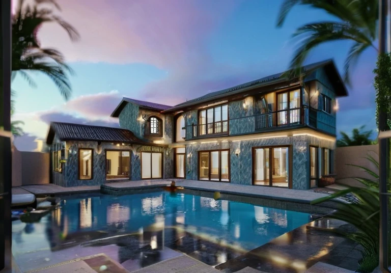 Ultra-realistic 8k, hd image quality, sharp detail, modern villa,(( large glass windows)), American Palm trees high,modern style, shimmering sky, sunset light, feels peaceful, beautiful, close and warm, (((Warm light from indoor:1.3))), (daylight:1.2), perfect lighting,dynamic light, ((large glass doors)), (day light), peaceful space, (nignt sky:1.3))