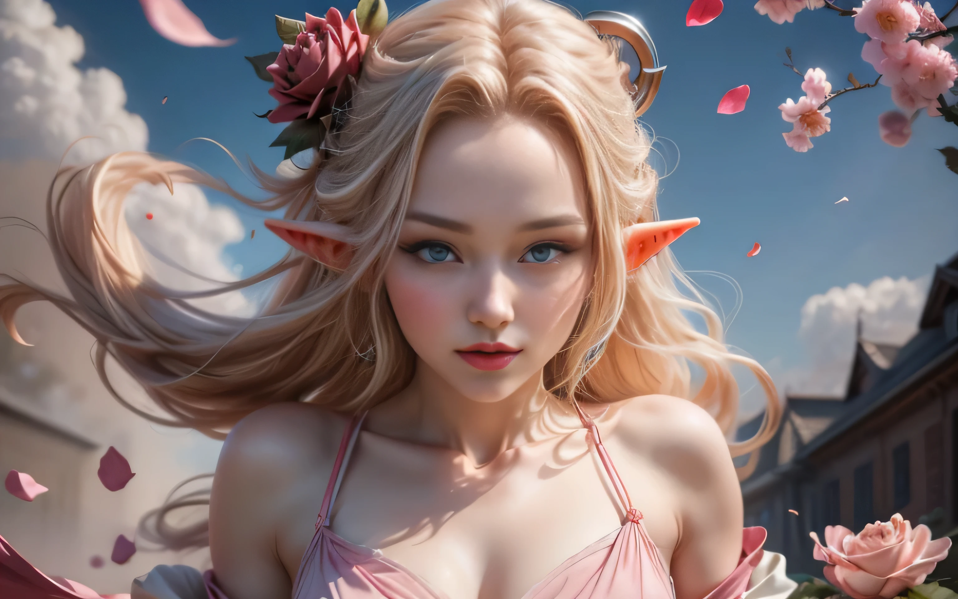 There is a beautiful blond elf girl dancing in the middle of  red rose garden surrounded with  rose petals flying on the wind, great quality anime art, illustration, high quality realistic anime art, seductive face expression, beautiful elf girl with blue eyes, 4k best quality, 8 k character details, high quality anime art, melodic aura around women, high quality illustration 