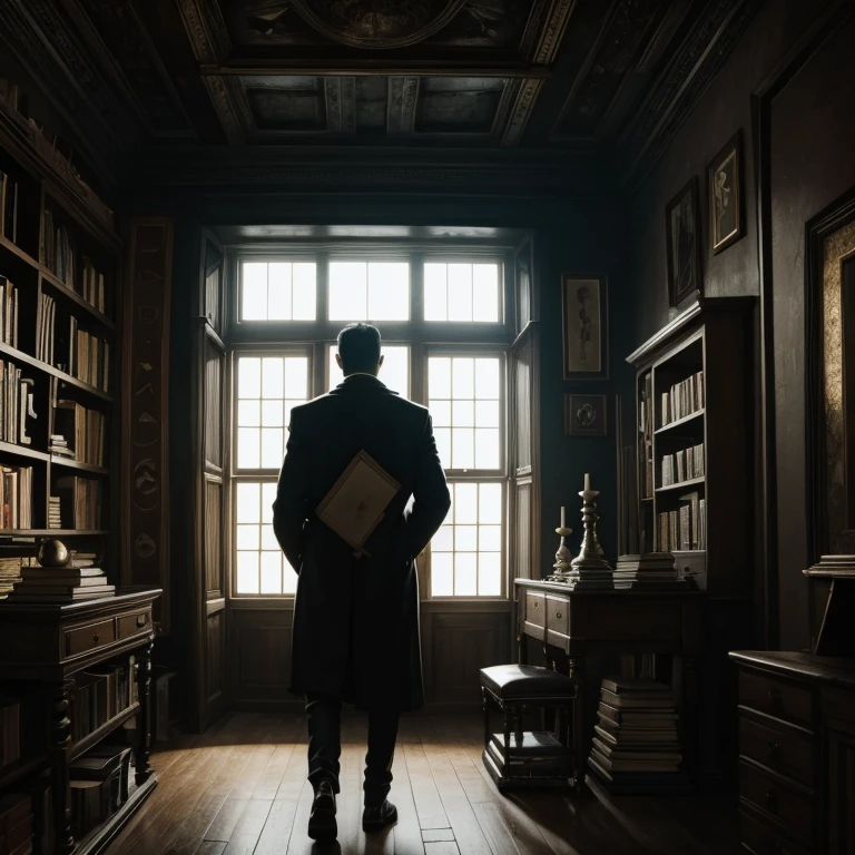 A mysterious man in a dark room with many esoteric objects and books
