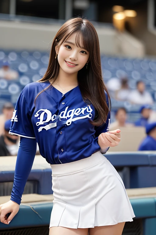 ((Japanese beautiful girl:1.3))、((dodgers uniform:1.4))、((Skirt flip:1.5))、((Panty shot:1.5))、((Stadium))、((Erect nipples:1.3))、((Low-rise micro mini pleated skirt 1.3))、((Stadiumで:1.3))、((Thin fabric:1.4))、((Sexy pose:1.3))、((Blushing:1.4))、((chest:1.2))、((close:1.2))、looking at the camera、Bright lighting、Professional Lighting、Smooth lighting、Light the front、(performance)、1 girl、Beautifully detailed eyes and face、Brunette eyearoon brown hair:1.2))、((whole body:1.3))、((smile:1.3))、One person is standing、highest quality、masterpiece、Ultra-high resolution、(Realistic:1.4)、RAW Photos、(Real skin texture:1.3)、(Film Grain:1.3)、Panorama、Portraits、Very wide shot、Beautiful waistline、Cowboy Shot、medium breasts、