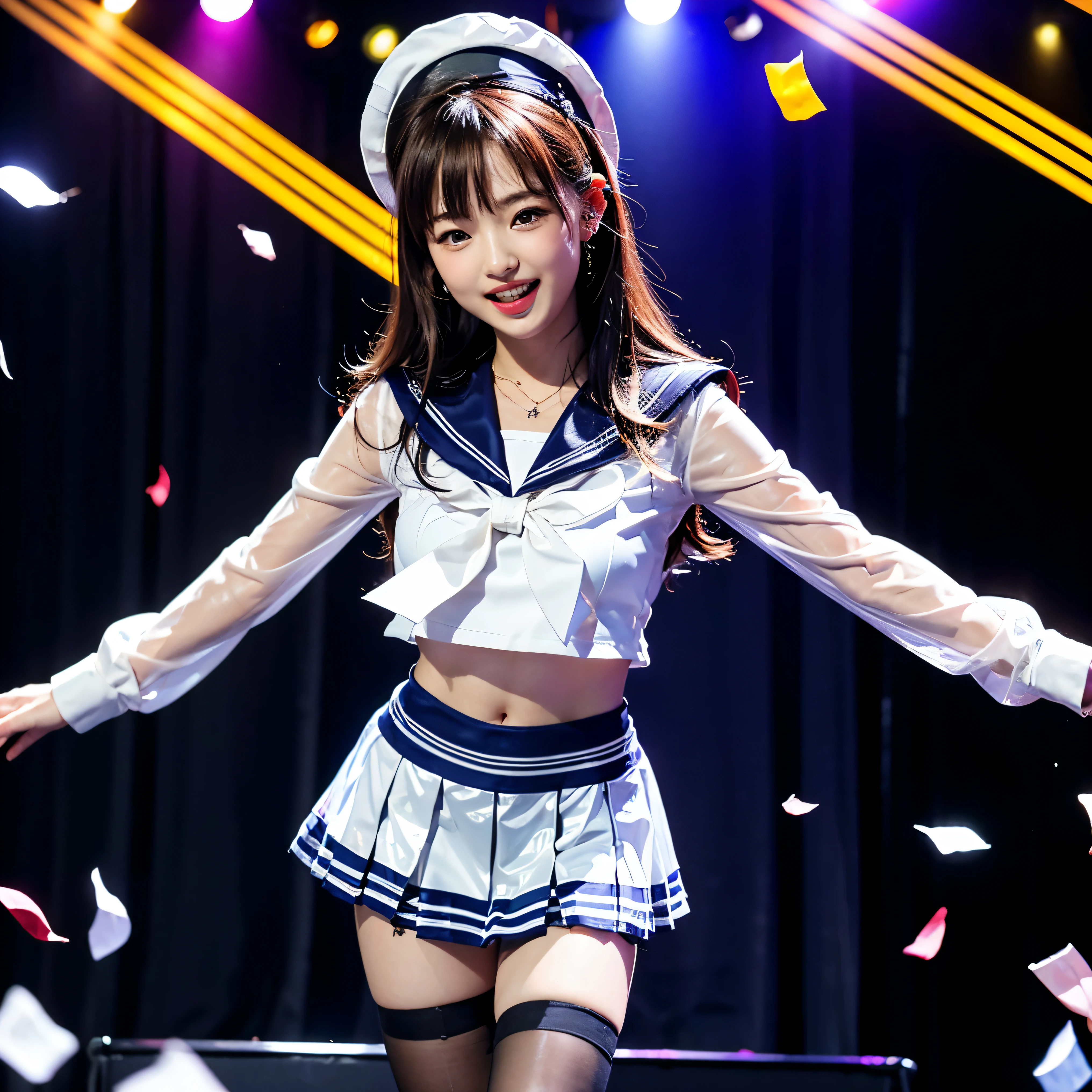 Best Quality、Super detailed、Realistic、Portrait、Stage Light、Energetic Movement、sweating、Incredible atmosphere、Teenage girl、solo、Admiration and idolization、excited、professional、mini skirt、microphone、music、celebration、crowd、Arena、Beauty、(Tight, transparent latex sailor suit and miniskirt:1.45)、(Sailor Hat、ribbon)、 Talented performance、Infectious Energy、Passionate Fans、An unforgettable show、Confetti、support、high energy、dance、Visual spectacle、happiness、Bright colorusic祭、Memorable moments、Teen Idol、Inspiring performances、Happy memories、