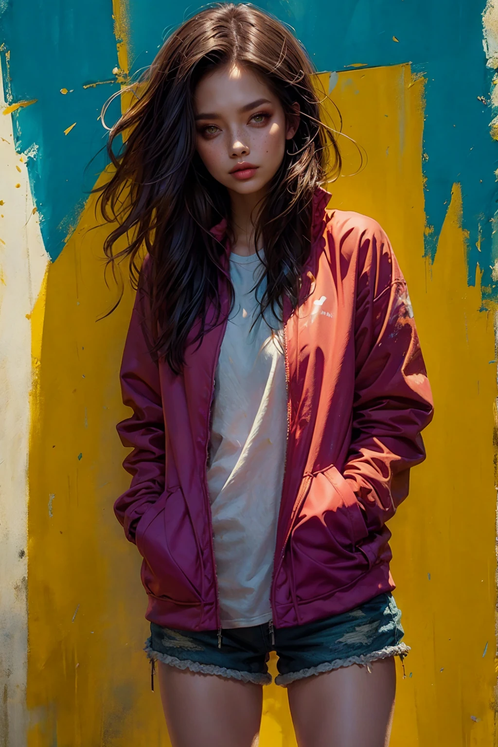 Girl in shorts, wear a jacket, hands in pockets, brush painting style, bright colors, volumetric light and shadow, (high-angle:1.2), (masterpiece, best quality:1.2), (simple background:1.5)
