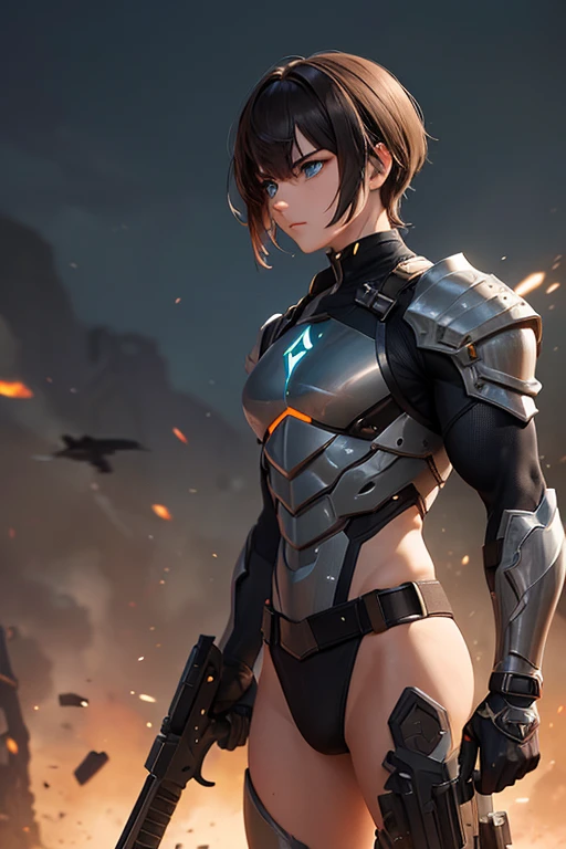 A hero, with gun, with armor, futuristic, post-cataclysm, strong, tired of battles, vibrant eyes, with magic sword, black sword, green eyes, brown hair, bodybuilder.