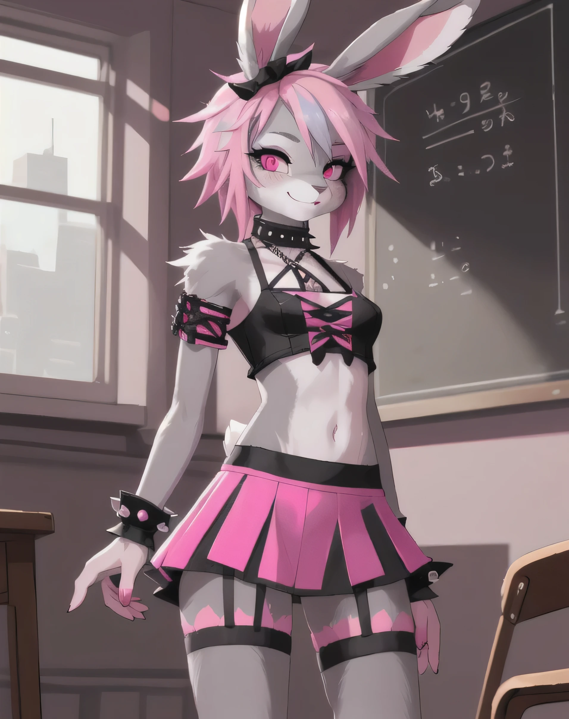 1girl, (Feminine), slim tiny body, solo, naughty smile, masterpiece, dark classroom, scenery, (female bunny girl:1.2), ((entire body gray fur)), ((pink punk hair)), pink eyes, (wearing punk clothes), ((high colors))