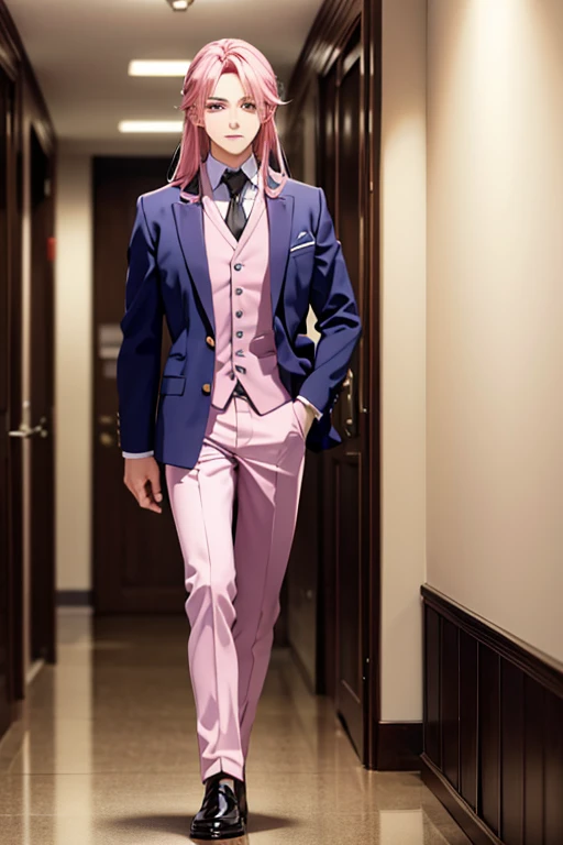 A handsome pink haired man with violet eyes with long hair in a magical student uniform is  walking down the hall with his hands in his pocket