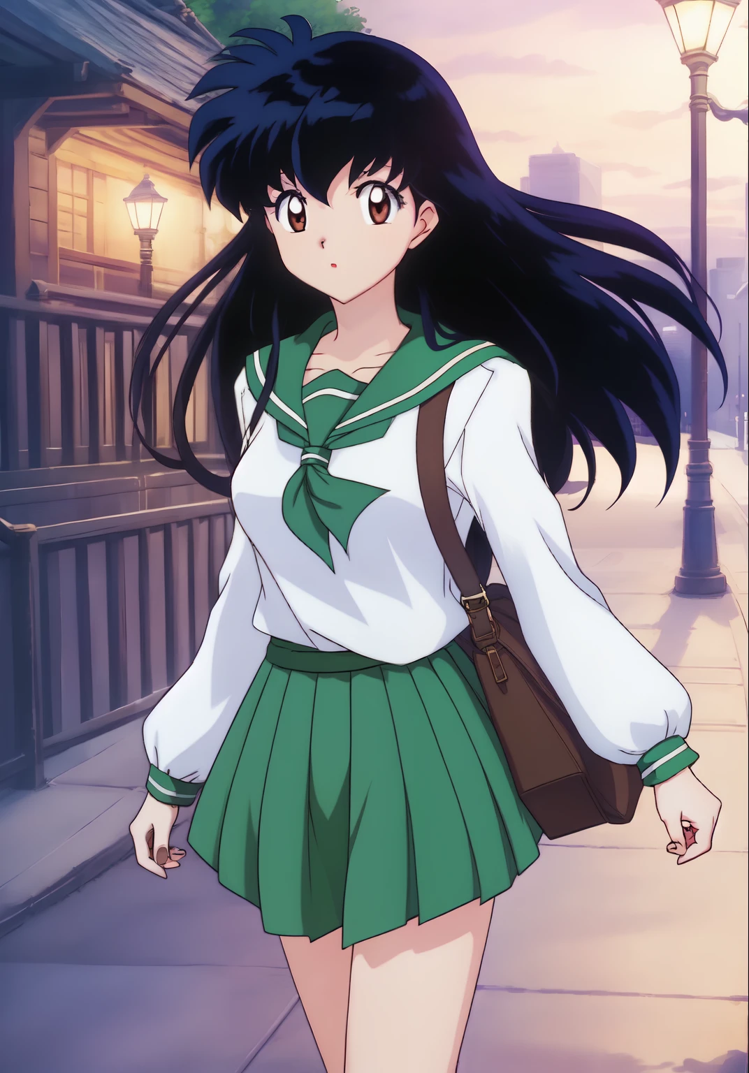 1girl, Kagome Higurashi, brown eyes, full body, photorealistic, (hyperrealistic:1.2), perfect eyes, perfect face, perfect lighting, outdoors, warm colors, city, , happy, night time, walking,