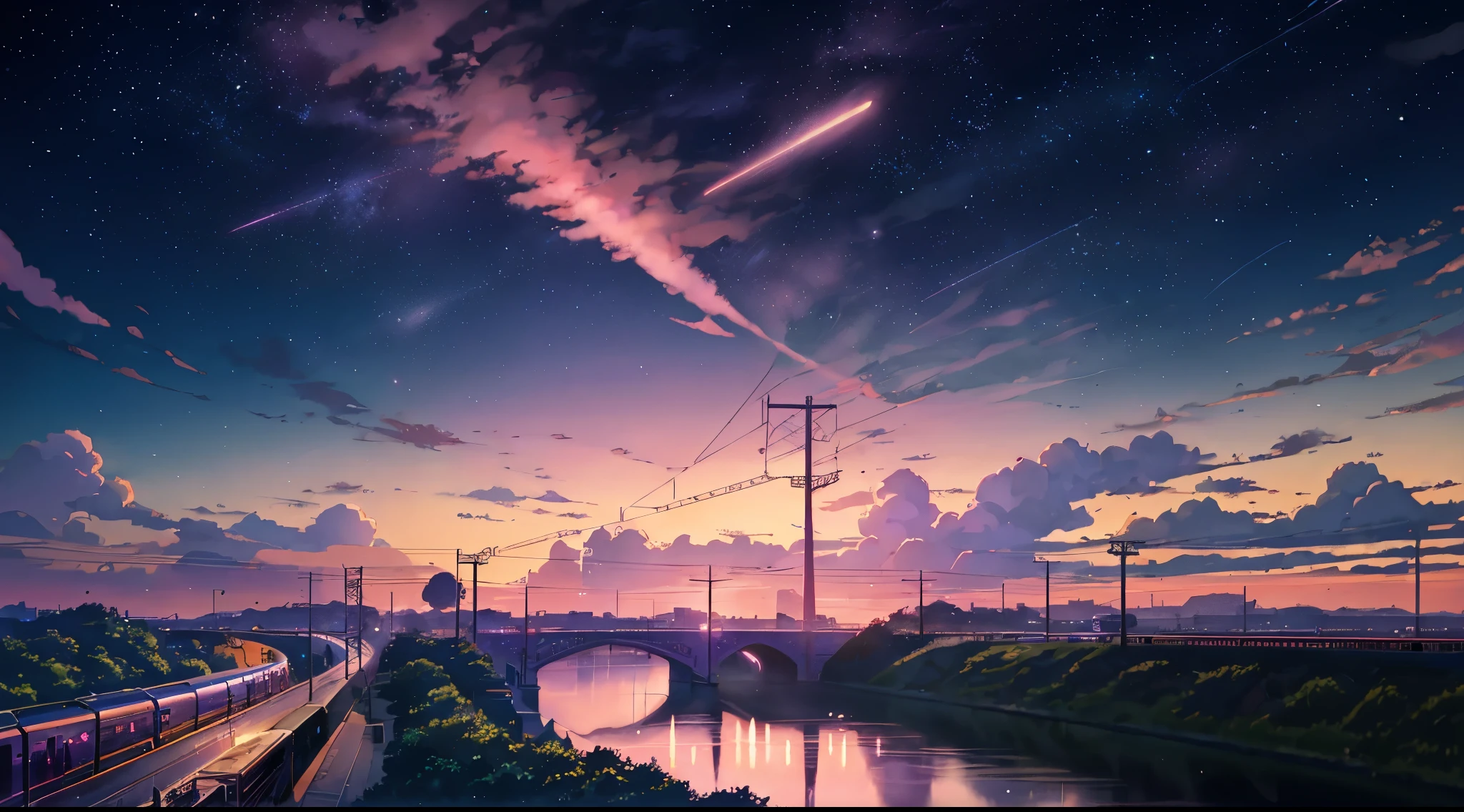 Animated scene of a train passing under a pink and purple sky, Anime drawn by makoto shinkai, that&#39;Trending on pixiv, magical realism, Beautiful anime scene, Space Sky. by makoto shinkai, ( ( makoto shinkai ) ), by makoto shinkai, Anime Background Art, makoto shinkai&#39;style,