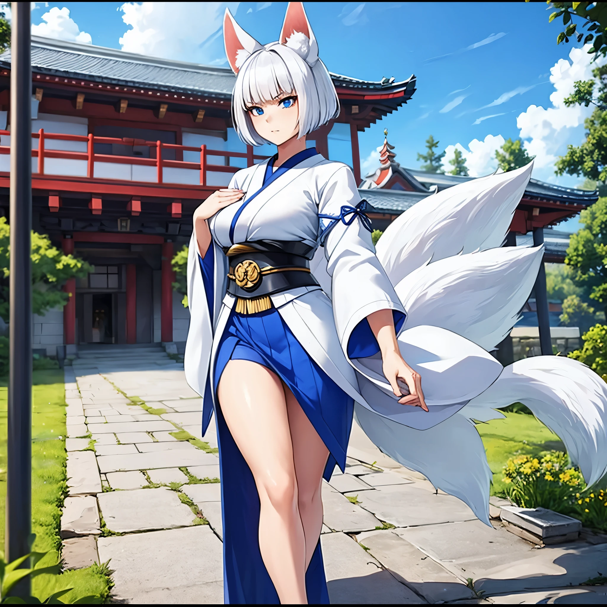 A woman wearing a white kimono with blue details, a short blue skirt, exposed thigh, short white hair, blue eyes, kitsune ears, serious face, kitsune tail, multi-tail, large breasts, walking in a courtyard of a Japanese castle,HDR, ultra resolution, well defined, masterpiece, 8K HD. (solo woman)