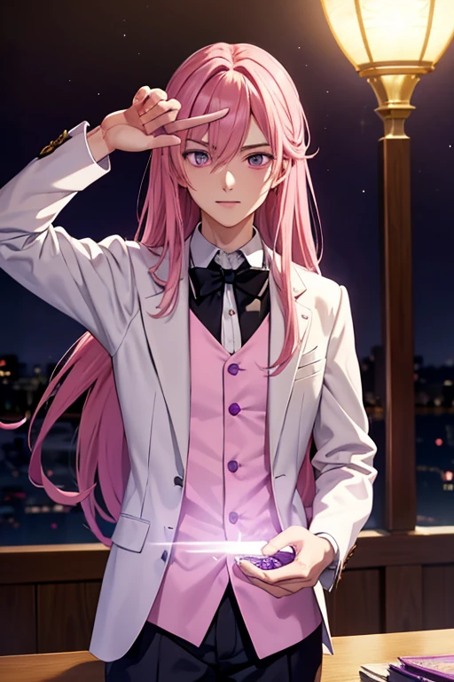 A handsome pink haired man with violet eyes with long hair in a magical student uniform is playing with magic at night