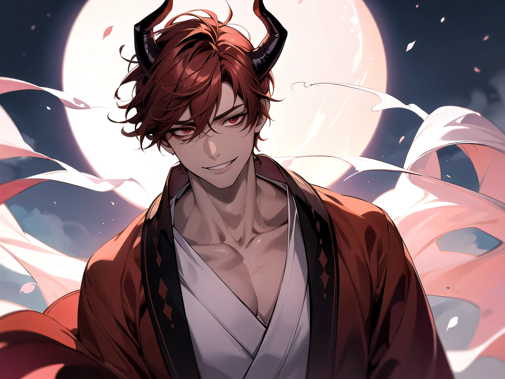 Has demon horns on his head,Angle from below,Kabedon,Impressive,((Dynamic Angle)),masterpiece,male,one person,Upper Body, Face close-up,Short Red Hair, Bright atmosphere, smile,Brown skin, Dressed in a kimono and barefoot,One light butterfly,Night Full Moon,Cherry Blossoms at Night