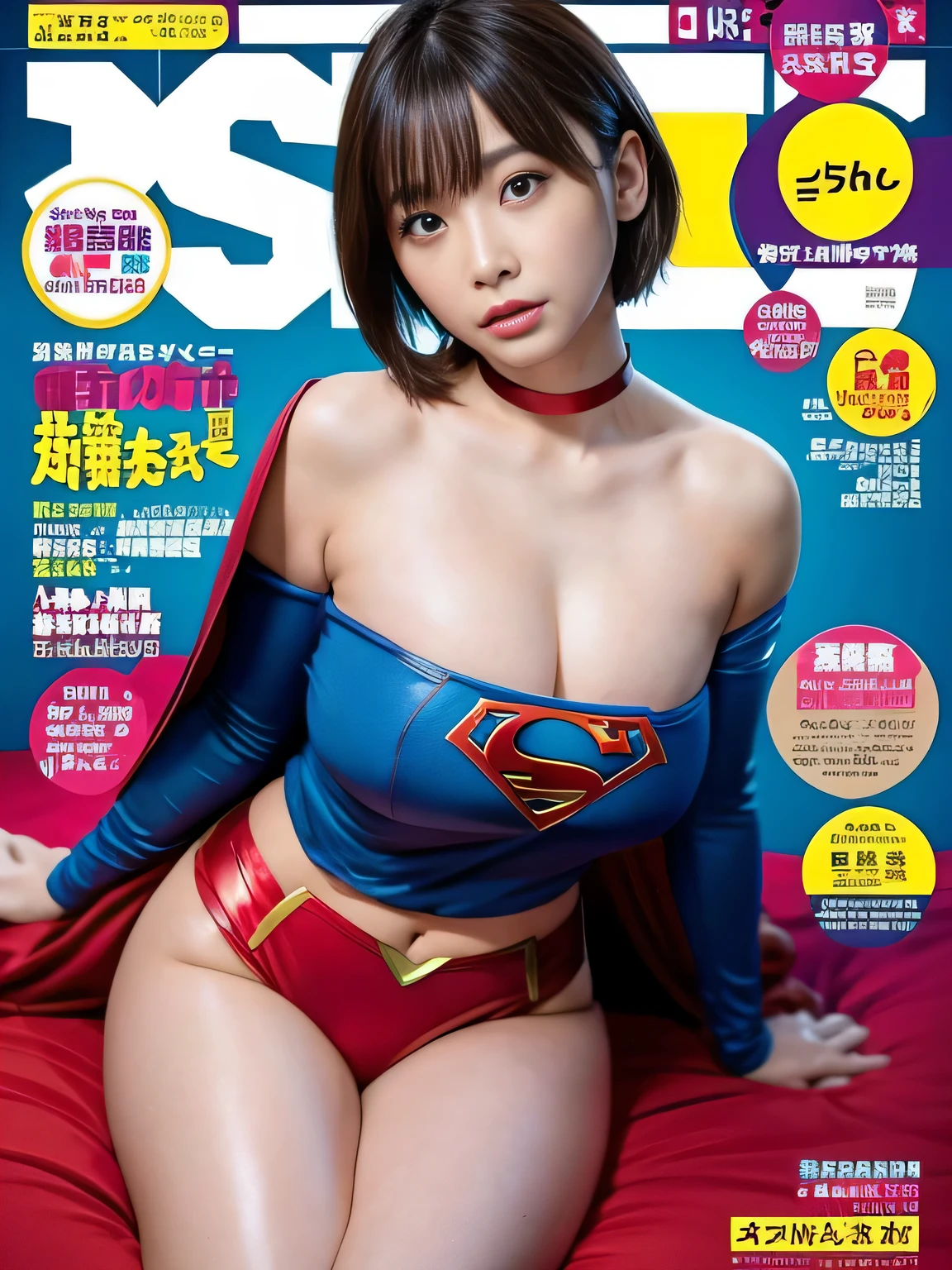 masterpiece、Supergirl Costume、short hair、barefoot、Big and ample breasts、Research Facilities、Striking a pose on the bed、Sexy poses to seduce、Model Body Type、Shiny、Looking at the camera、、choker、Long sleeve、Red mini skirt、Weekly magazine cover、Obscene、Sweaty、Radical、Off the shoulder、Alluring、Oily Skin、charm、Enchanting、Fleshy、Wild、