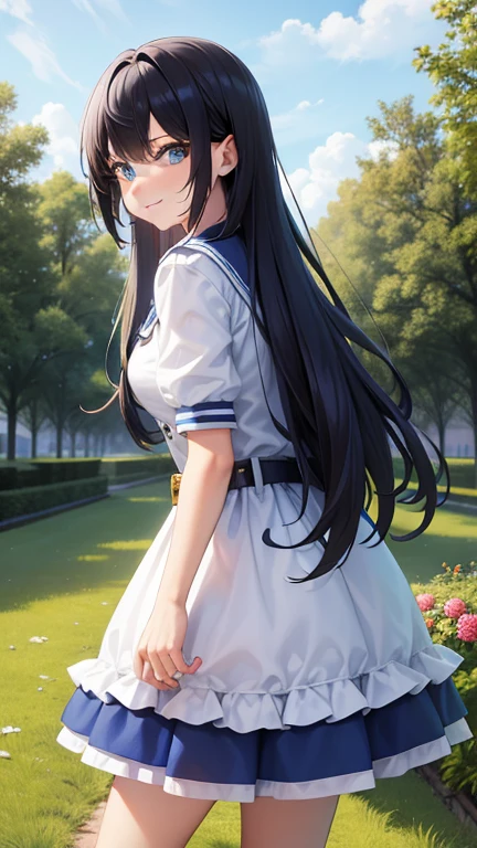 chica joven, pelo rubio largo, dos colas de caballo, blue eyes, chaqueta blanca, mangas cortas, top ajustado azul, falda azul, pantimedias, sonrisa, boca abierta, Obra maestra, alta calidad, 4k, High Definition, Buen detalle
