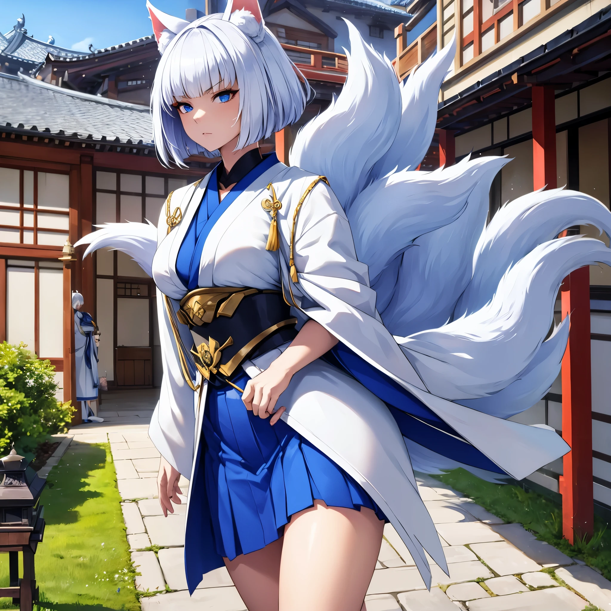 A woman wearing a white kimono with blue details, a short blue skirt, exposed thigh, short white hair, blue eyes, kitsune ears, serious face, kitsune tail, multi-tail, large breasts, walking in a courtyard of a Japanese castle,HDR, ultra resolution, well defined, masterpiece, 8K HD. (solo woman)