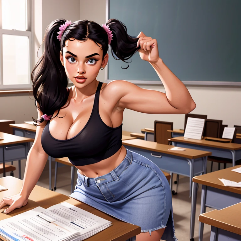 young woman in classroom, 28 years old abigail ratchford, leaning on desk, medium breasts, cleavage, pigtails, skirt, loose tank top
