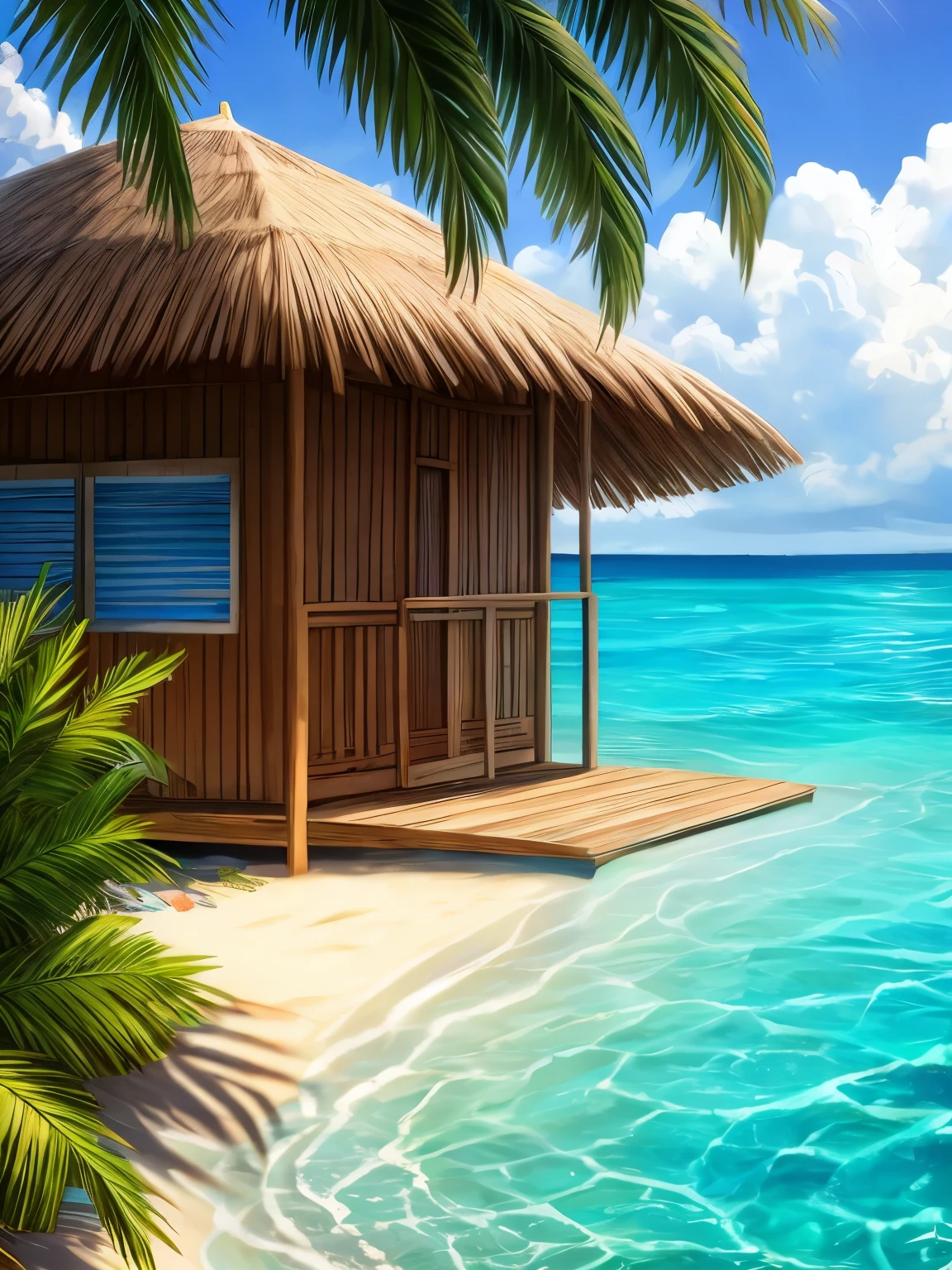 french polynesian beach, beach, crystal clear water, completely transparent water, beach hut on the sea, homemade beach huts, palm trees,