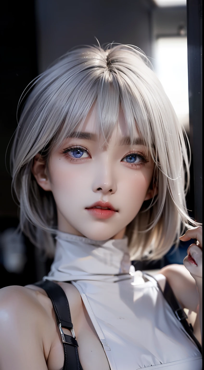 Tabletop, highest quality, night, Outdoor, 1 female, 灰色のblue eyes, Fluorescent light pink lips, cold, Severe, Sky blue, small胸, Fascinating face、 Realistic beauty、(blue eyes: 0.8), Beautiful adult face, Soft Volume Light, (Backlight: 1.3), (Cinematic: 1.3), Intricate details, (station: 1.3), Grayish-grey hair、Pixie shortヘア、amount、薄くthin伊達メガネ、short、small、 thin, cumin ,Straight Hair, Glasses , Turtleneck dress、skin、Stiletto Sandals、Beautiful feet、garter belt、((Big Breasts、smallお尻))