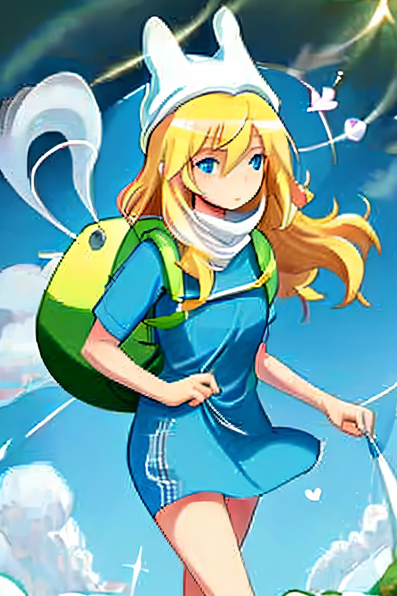 Blonde girl, blue eyes, in the florest, sun glare, strong wind, (heart particles:1.1) ((best quality)), ((masterpiece)), (detailed), perfect face, fionna of adventure time, girl, woman, bunny hat, blue shirt, green backpack, perfect clothes, detailed background
