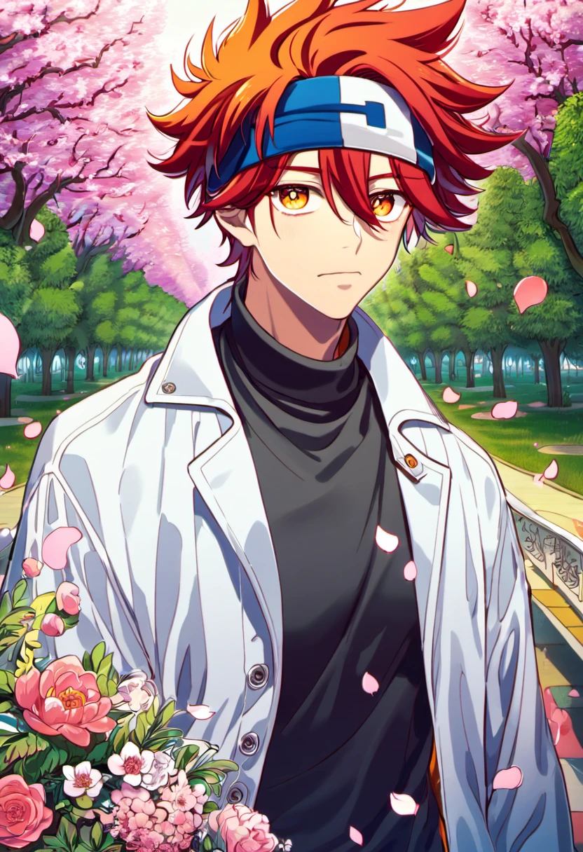 absurdres, highres, ultra detailed, HDR, masterpiece, extremely detailed face and eyes, Kyan Reki, red hair, expressive orange eyes, SK8 The Infinity, solo, sexy man, handsome, blue band, white coat, black tight shirt, patterns, in wonderland, spring, blossoms, petals, trees
