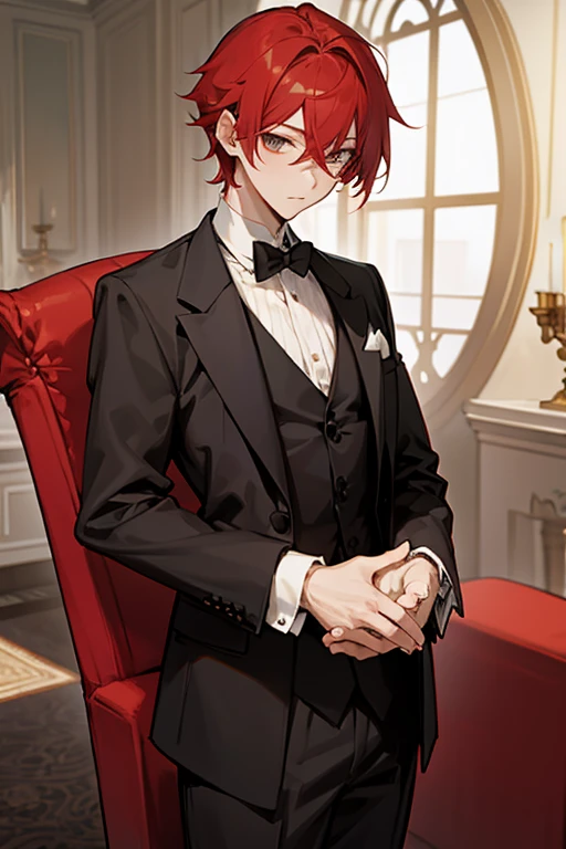 red hair, high quality, butler, whole body, cute boy, round eyes, mansion