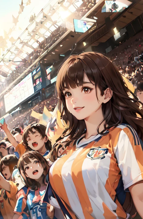 Only one female, Watch a soccer game, Turn your back, Mature Woman, /(Soccer shirt Pleated skirt/), /(brown hair/) bangs, Smile,  (Masterpiece of the highest quality:1.2) Very detailed, Big Break /(Indoor soccer stadium/), audience、Camel Toe、Giant tit、Nipple Puffs、Cleavage、Plump、Super big breasts、Super big butt