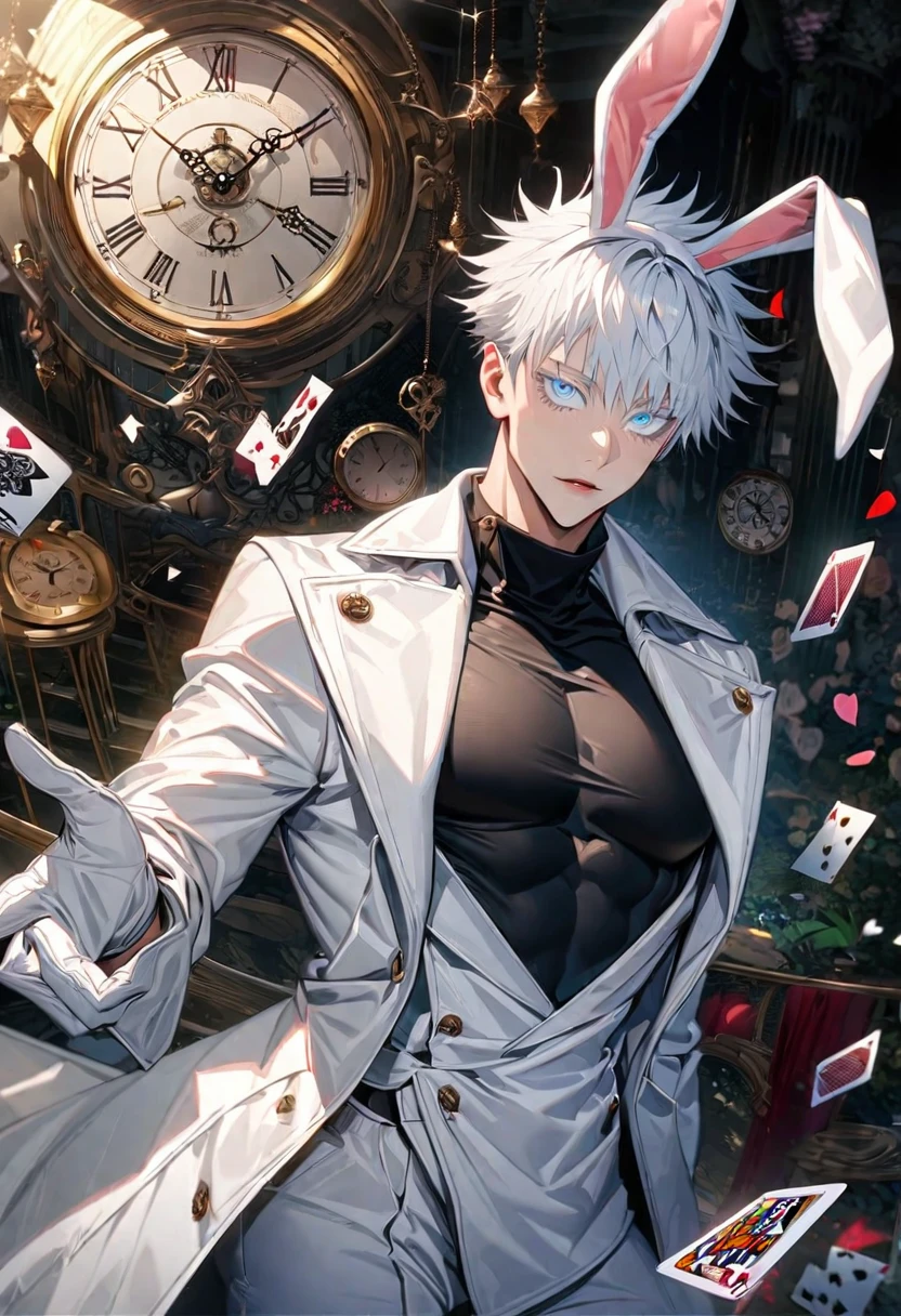 Ultra detailed, highres, absurdres, HDR, Gojou Satoru, white hair with bangs, blue eyes, white eyelashes, Jujutsu Kaisen, clock, white gloves, bunny ears, in Wonderland, sexy man, solo, handsome, very detailed face and eyes, white long coat, tone chest, heart cards, black tight shirt with patterns, white pants