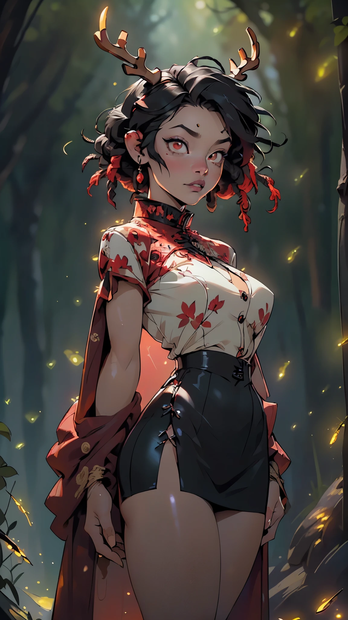 gothic reindeer girl,(((1girl))),((extremely cute and beautiful black hair with red streaks anime gothic reindeer girl)),
(((anthro furry:1.2), Playboy_Reindeer, reindeer_antlers,(huge antlers:1.5,dear antlers:1.5,blooming antlers:1.5))),(large breasts:1.4),saggy breasts,((((black hair with red streaks:1.5,short hair,dreadlocks black hair:1.5)))),(((red_eyes:1.3))),intricate eyes,beautiful detailed eyes,symmetrical eyes,big eyes:1.5),(((lustrous skin:1.5,bright skin: 1.5,skin tanned,shiny skin,very shiny skin,shiny body,plastic glitter skin,exaggerated shiny skin,illuminated skin))),(spider lower abdomen,narrow waist,wide hip,athletic body,inflated legs,thick thighs,detailed body,(detailed face)),
cute,slutty,seductive,erotic,(((nsfw))),
zettai ryouiki,revealing clothing,show skin,(((Sexy goth fur coat, goth fur coat outfit,wearing a goth fur coat:1.3,dark red coat))),((red goth mini-skirt,red goth mini skirt,visible thong straps, navel)),((underpants strap)),(red gothic clothes,semi-naked,with little goth clothing),((((Black Eyeshadow,Thick Black Eyeliner,Long Dramatic Eyelashes,Black Lips))),(((intricate outfit,intricate clothes,embroidered outfit,ornate outfit))),
(dynamic pose:1.0),embarrassed,(centered,scale to fit dimensions,Rule of thirds),
((((many fireflies,fireflies,glowing fireflies,fireflies in the background)))),
((deep and dark cavern)),(mysterious lights in the background, stalagmites, stalactites),scenery:1.25,intricate scenery,((deep and dark cavern background)),
(Glossy ornaments),highres,sharp focus,(ultra detailed,extremely detailed),(photorealistic artwork:1.37),(extremely detailed CG unity 8k wallpaper),(((vibrant colors,vibrant theme))),(intricate),(masterpiece),(best quality),artistic photography,(photography taken by sldr),(intricate background),perfect rendered face,perfect face details,realistic face,photo realistic,((intricate detail)),(((realism))),