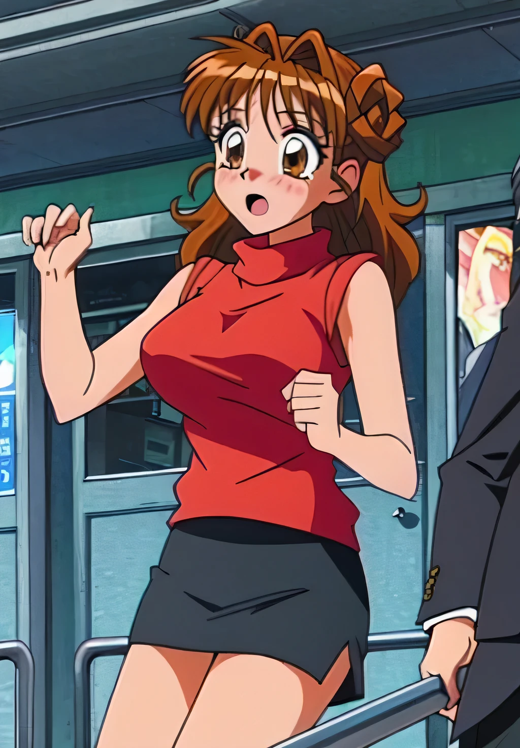 Maron,(((Sleeveless_sweater))),mini skirt,pupil_Brown,blush,Embarrassing,surprise,Open your mouth,crowded train,Multiple men,Maron_A man groped my breasts on the train,masterpiece, expensive quality, very_expensive_solve, big_file size, Full Color,