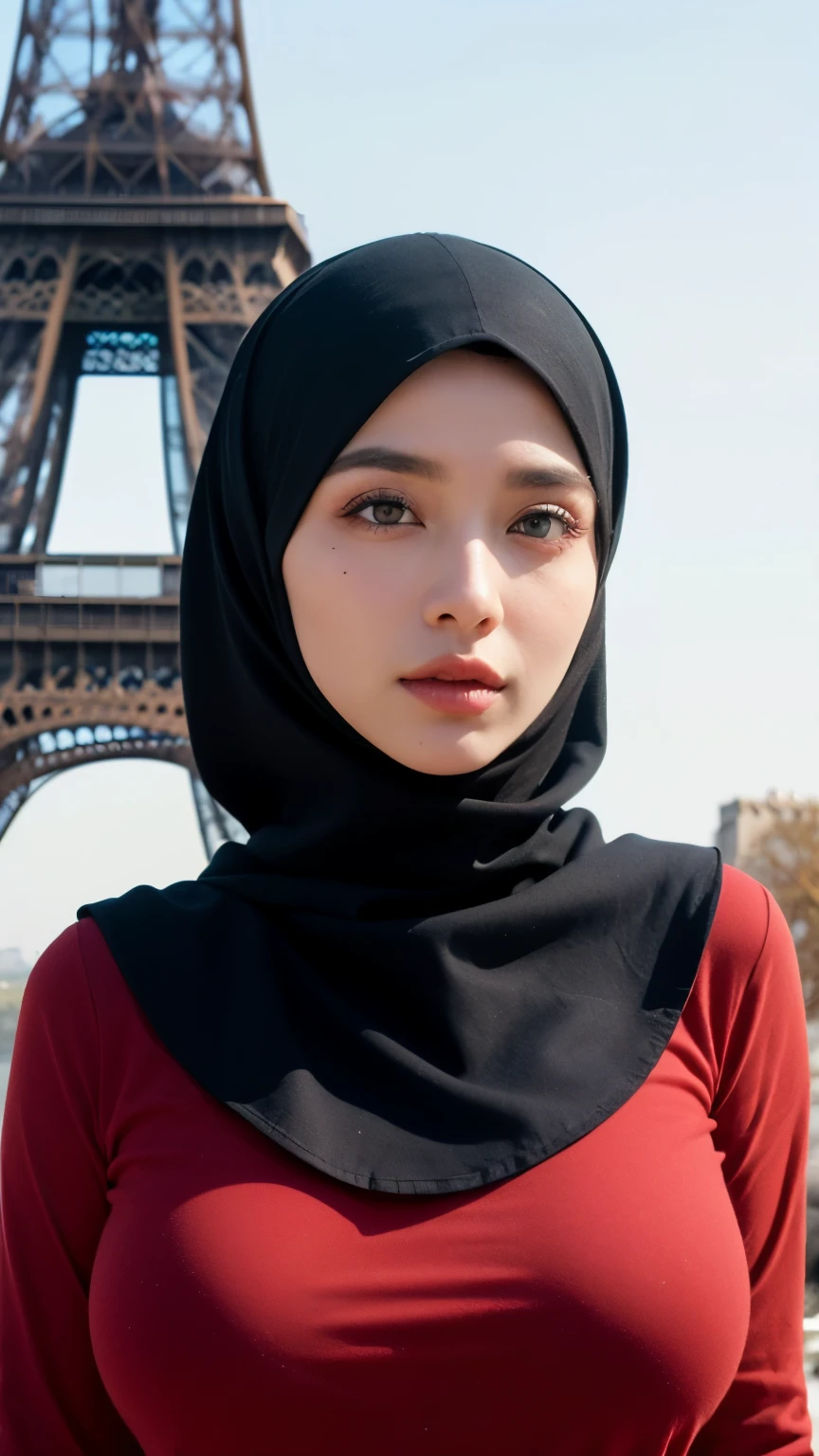 ((Masterpiece, best quality, photography, detailed skin, realistic, photo-realistic, 8k, highly detailed, full length frame, High detail RAW color art, diffused soft lighting, shallow depth of field, sharp focus, hyperrealism, cinematic lighting, hijab, a woman in a beautifully makeup, smokey eyeshadow, beautiful big eyes, long eye lashes, wearing (black hijab), loosely tide hijab style, long sleeve shirt, ((red shirt)), Huge large breast, setting background eiffel tower paris