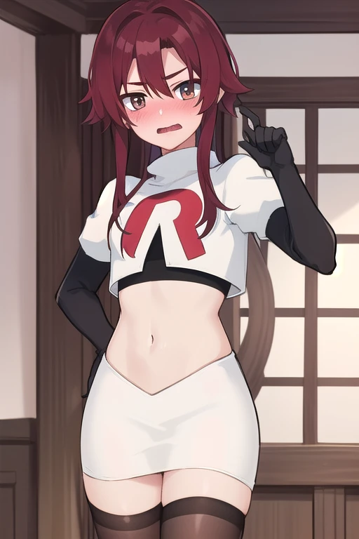 masterpiece, absurdres, Shikanoin Heizou,male focus, trap, crossdressing,1boy,team rocket,team rocket uniform,white skirt,red letter R,crop top,black thigh-highs,black elbow gloves, embarrassed, blush