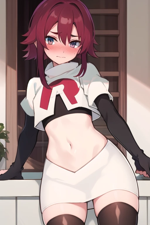 masterpiece, absurdres, Shikanoin Heizou,male focus, trap, crossdressing,1boy,team rocket,team rocket uniform,white skirt,red letter R,crop top,black thigh-highs,black elbow gloves, embarrassed, blush