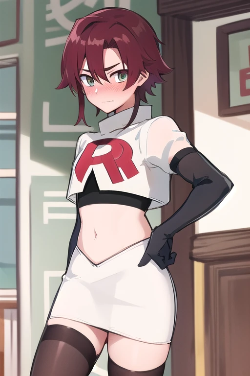 masterpiece, absurdres, Shikanoin Heizou,male focus, trap, crossdressing,1boy,team rocket,team rocket uniform,white skirt,red letter R,crop top,black thigh-highs,black elbow gloves, embarrassed, blush
