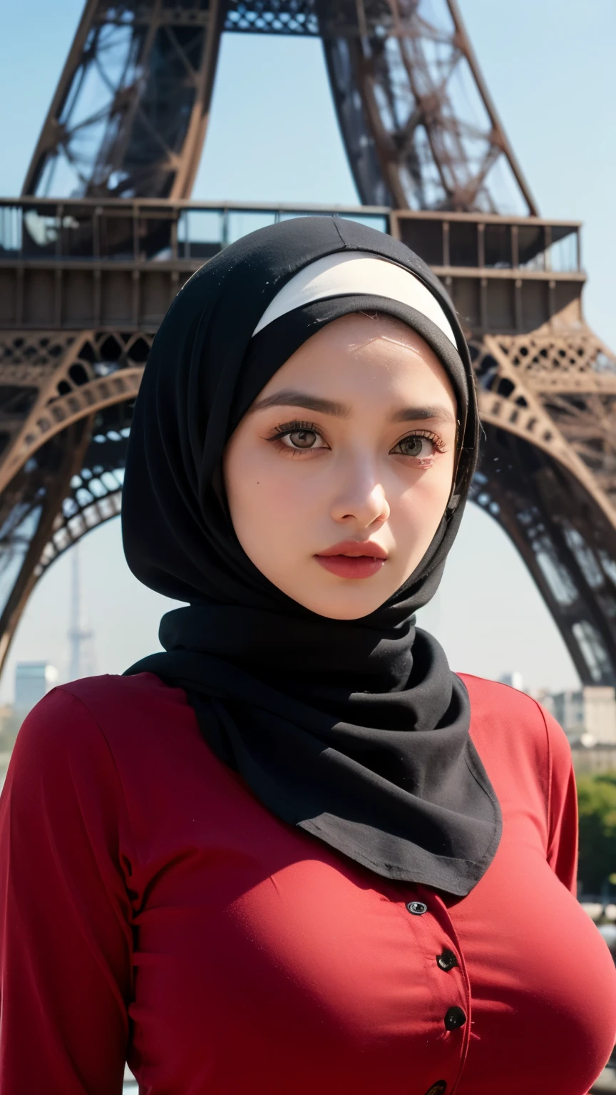 ((Masterpiece, best quality, photography, detailed skin, realistic, photo-realistic, 8k, highly detailed, full length frame, High detail RAW color art, diffused soft lighting, shallow depth of field, sharp focus, hyperrealism, cinematic lighting, hijab, a woman in a beautifully makeup, smokey eyeshadow, beautiful big eyes, long eye lashes, wearing (black hijab), loosely tide hijab style, ((red shirt)), Huge large breast, setting background eiffel tower paris