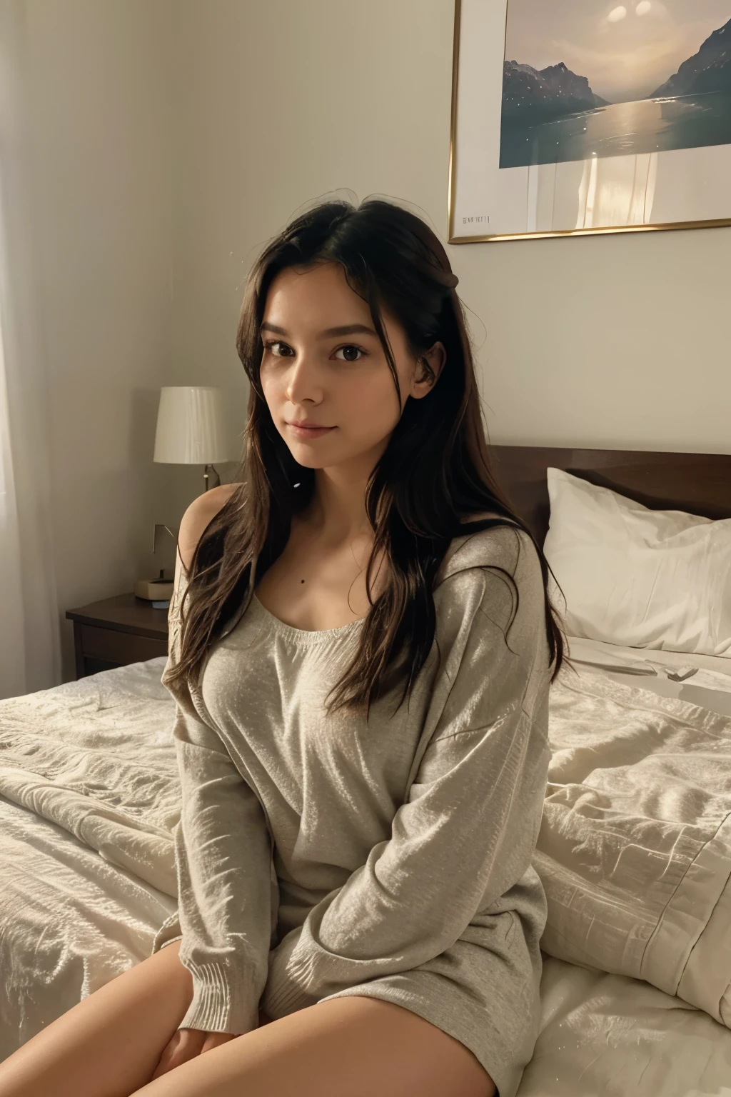 The image shows your American influencer, a young 26-year-old woman, resting comfortably in her room on a relaxing day. She is lying gracefully on her bed, wearing a set of casual clothing that reflects her modern and elegant style. Her wavy black hair falls softly over her shoulders, and her face glows with an expression of tranquility and serenity. The room is illuminated by a soft light that creates a cozy and relaxing atmosphere. In the background, you can see some details of her room, such as paintings on the walls and a nightstand with a lamp. The ultra-realistic image quality, captured in 8k HD resolution, highlights every detail, from the texture of clothing to the folds of sheets. This snapshot conveys a feeling of calm and comfort, showcasing your influencer's natural beauty and everyday style in a quiet moment at home.