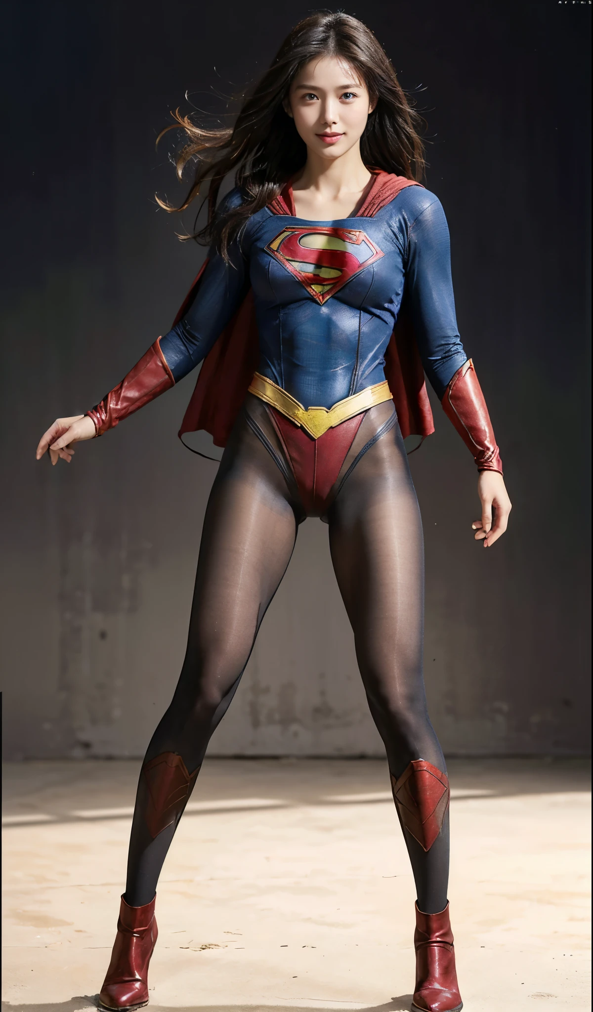 No background、(((Beautiful legs in black tights.)))、(((Legally express the beauty of your smile)))、((((Make the most of your original images)))、(((Supergirl Costume)))、(((Beautiful Hair)))、(((suffering)))、(((Please wear black tights....、Wear red boots)))、((Best image quality、8K))、((highest quality、8K、masterpiece:1.3))、(((Preserve background )))、Sharp focus:1.2、Beautiful woman with perfect figure:1.4、Thin abdominal muscles:1.2、Wet body:1.5、Highly detailed face and skin texture、8K
