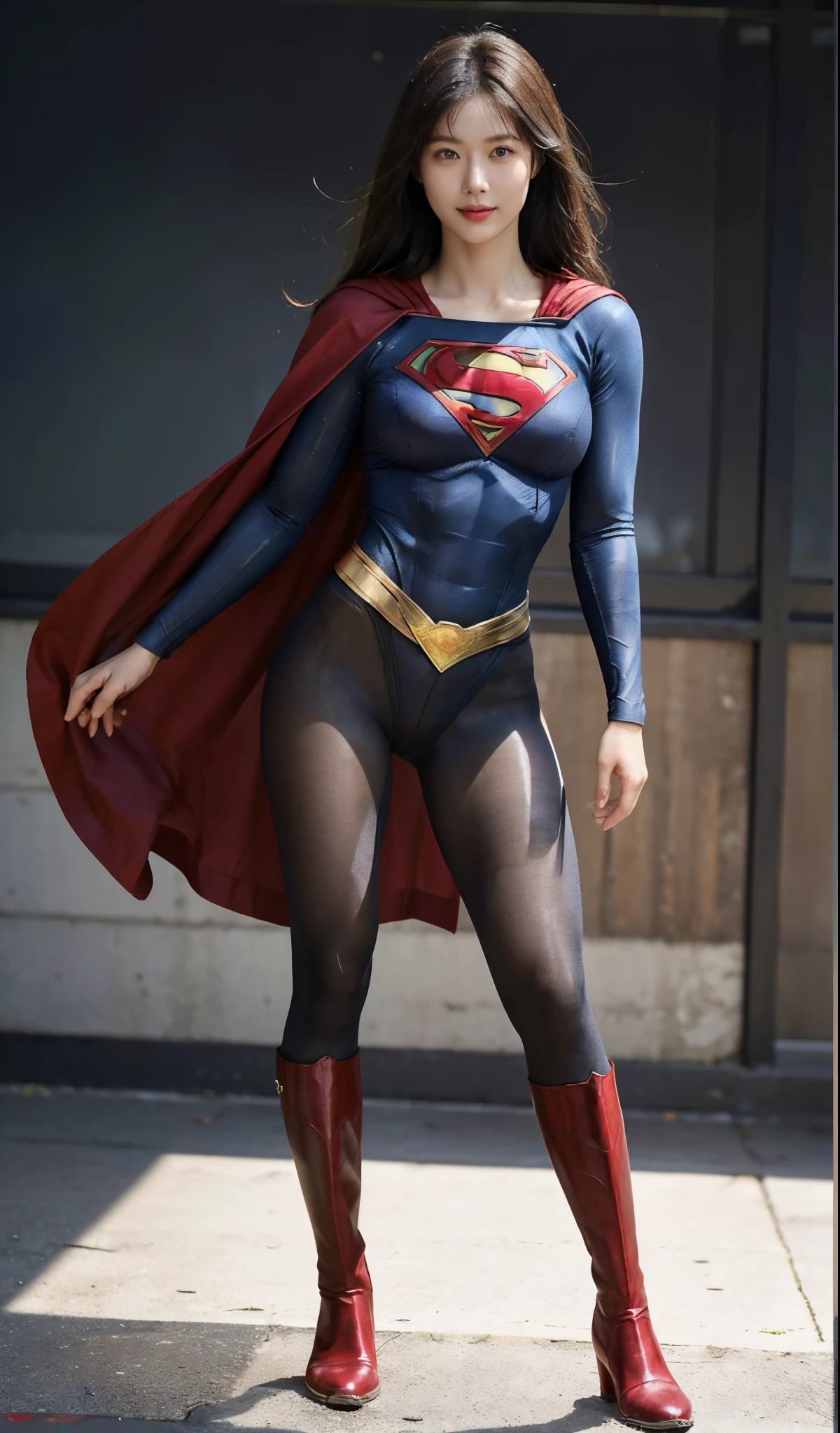 No background、(((Beautiful legs in black tights.)))、(((Legally express the beauty of your smile)))、((((Make the most of your original images)))、(((Supergirl Costume)))、(((Beautiful Hair)))、(((suffering)))、(((Please wear black tights....、Wear red boots)))、((Best image quality、8K))、((highest quality、8K、masterpiece:1.3))、(((Preserve background )))、Sharp focus:1.2、Beautiful woman with perfect figure:1.4、Thin abdominal muscles:1.2、Wet body:1.5、Highly detailed face and skin texture、8K