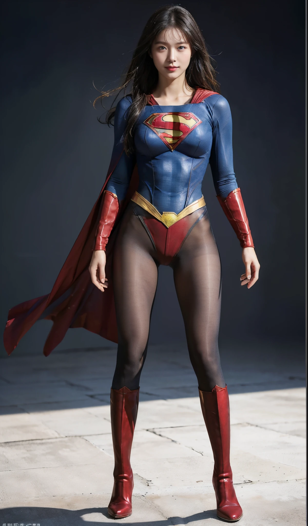 No background、(((Beautiful legs in black tights.)))、(((Legally express the beauty of your smile)))、((((Make the most of your original images)))、(((Supergirl Costume)))、(((Beautiful Hair)))、(((suffering)))、(((Please wear black tights....、Wear red boots)))、((Best image quality、8K))、((highest quality、8K、masterpiece:1.3))、(((Preserve background )))、Sharp focus:1.2、Beautiful woman with perfect figure:1.4、Thin abdominal muscles:1.2、Wet body:1.5、Highly detailed face and skin texture、8K