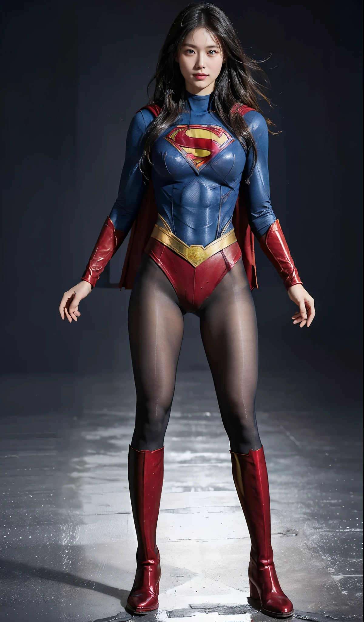 No background、(((Beautiful legs in black tights.)))、(((Legally express the beauty of your smile)))、((((Make the most of your original images)))、(((Supergirl Costume)))、(((Beautiful Hair)))、(((suffering)))、(((Please wear black tights....、Wear red boots)))、((Best image quality、8K))、((highest quality、8K、masterpiece:1.3))、(((Preserve background )))、Sharp focus:1.2、Beautiful woman with perfect figure:1.4、Thin abdominal muscles:1.2、Wet body:1.5、Highly detailed face and skin texture、8K