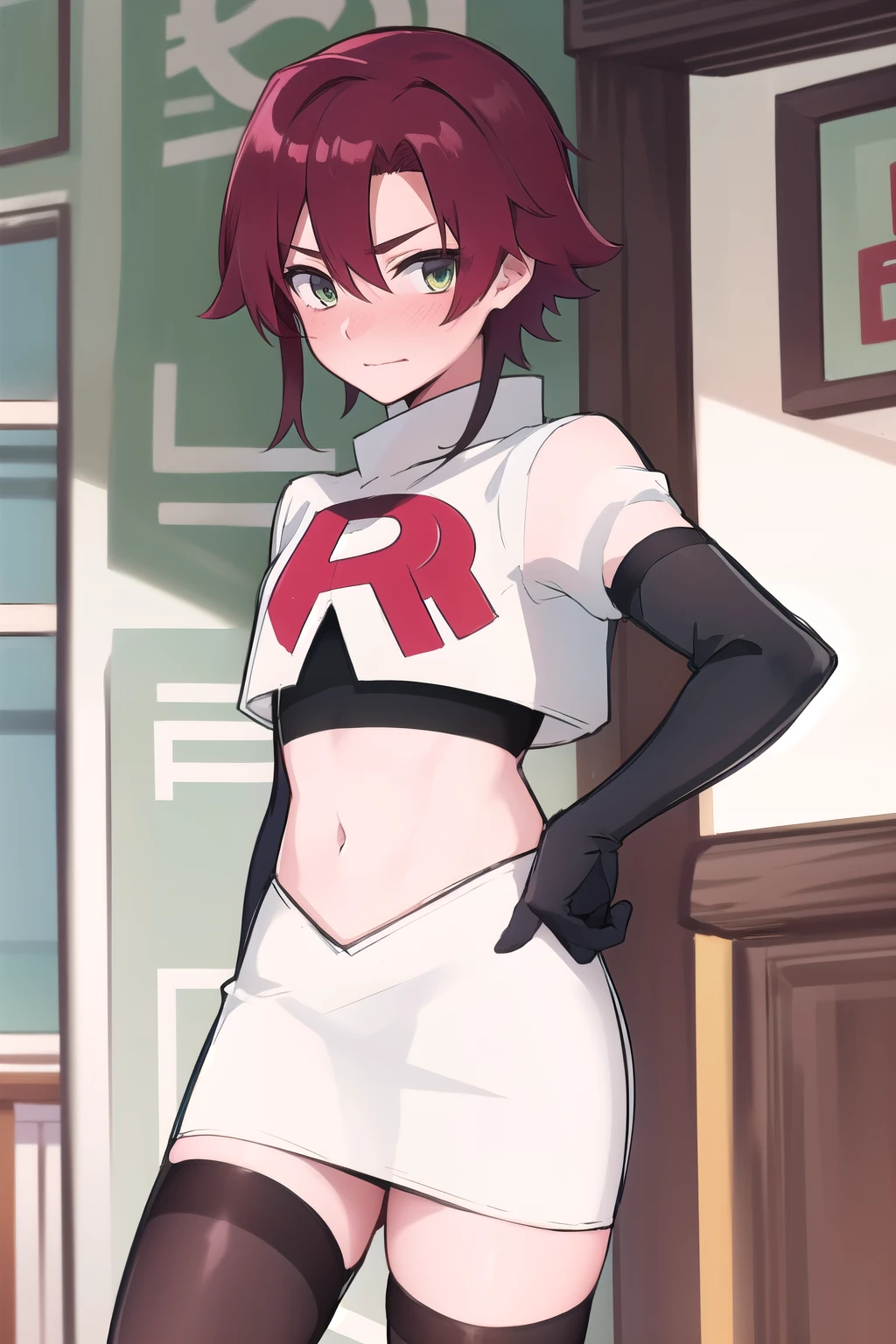 masterpiece, absurdres, Shikanoin Heizou,male focus, trap, crossdressing,1boy,team rocket,team rocket uniform,white skirt,red letter R,crop top,black thigh-highs,black elbow gloves, embarrassed, blush