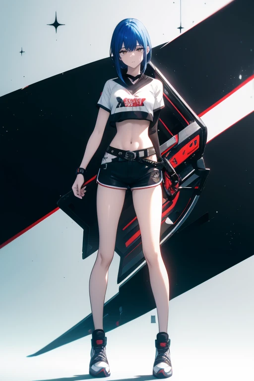 ({High-precision drawing in every detail} Extremely high-precision drawing), {High resolution}, [[blank background]], perfect anime girl, 1girl, solo, {tall girl}, standing, full body, full_body, looking at viewer, modeling pose, short hair, bluehair, bluehead, (blue hair shines and intense), Sapphire blue hair, red eyes, :), smiling, happy face, medium breasts, top breast, navel, {Viking tattoo on the entire arm}, crop top, {{heart tattoo on waist}}, shorts, cowboy shorts, tight shorts, short shorts, {{dragon figure in shorts}}, red belt, long legs, skate sports shoes, Visual Illustration, sole_female, kawai, mechon verde, show full body