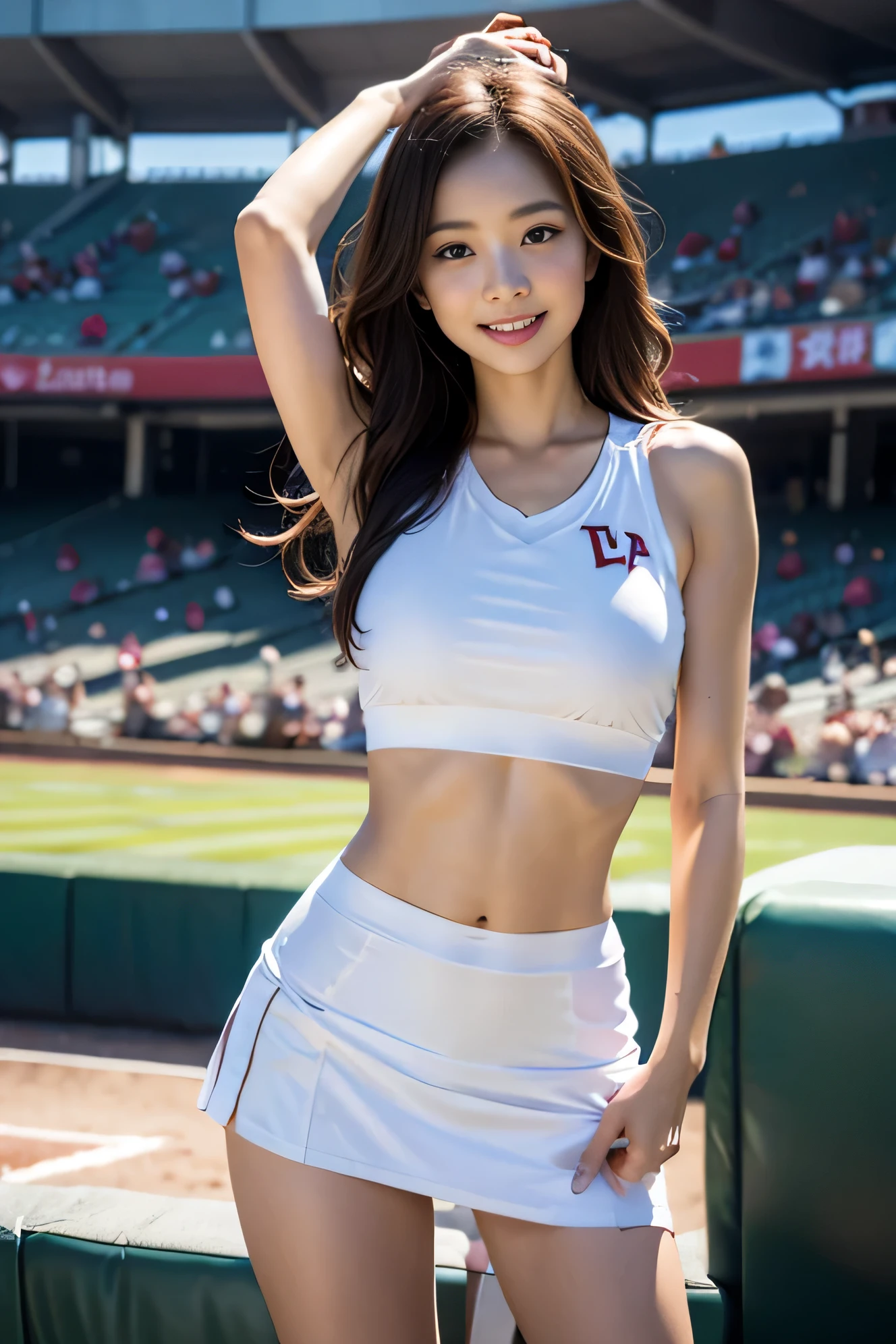 cheerleader ,health beauty, a handsome face, beautiful body, long legs, white skin,fine portrayal, Ultimate Details, baseball stadium, short skirt, tank top, Dance, Smile