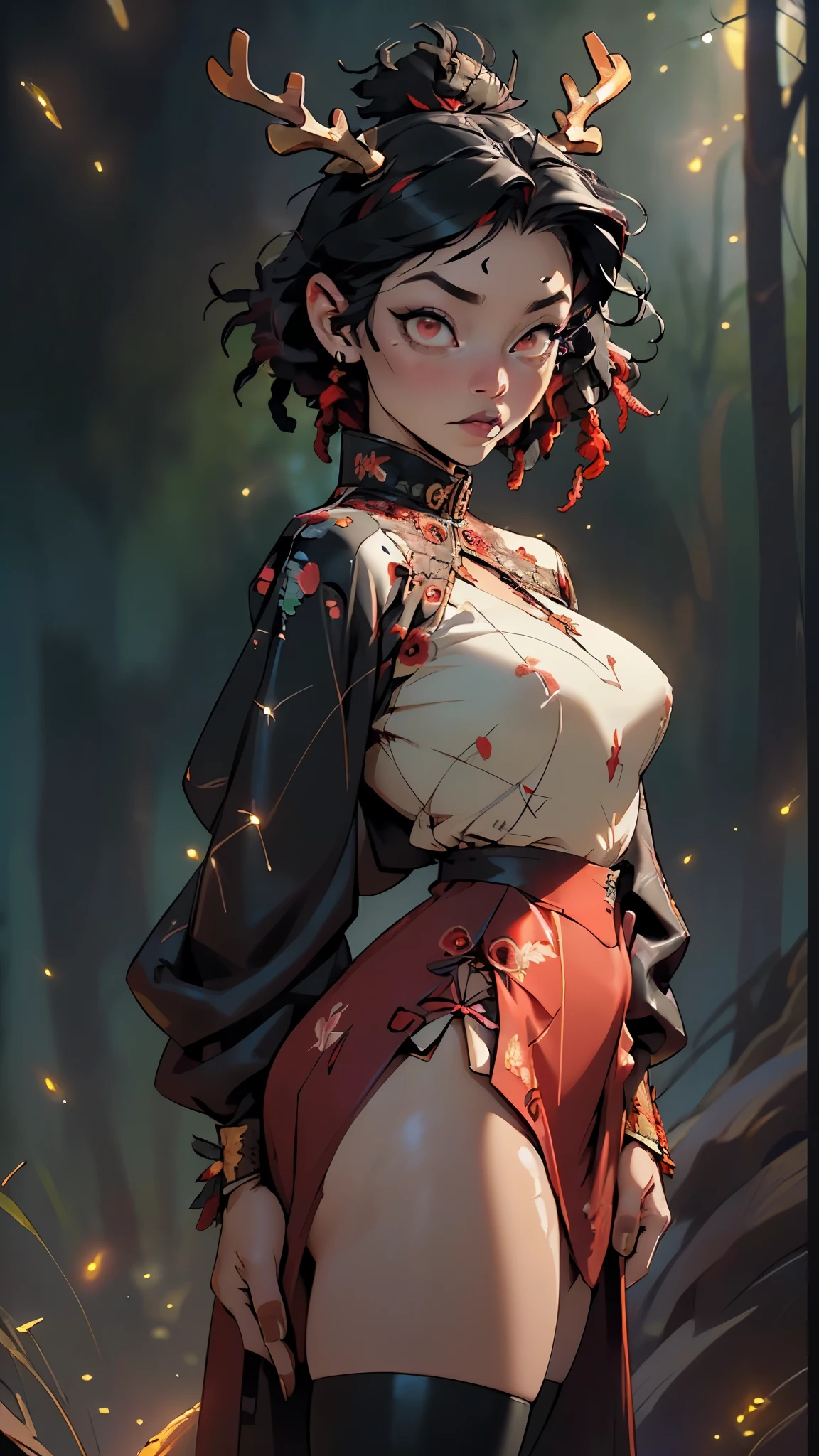 gothic reindeer girl,(((1girl))),((extremely cute and beautiful black hair anime gothic reindeer girl)),
(((anthro furry:1.2), Playboy_Reindeer, reindeer_antlers,(huge antlers:1.5,dear antlers:1.5,blooming antlers:1.5))),(large breasts:1.4),saggy breasts,((((black hair:1.4,hi-top fade Haircut:1.5,hi-top fade:1.5,Mohawk:1.5,ear breathing)))),(((red_eyes:1.3))),intricate eyes,beautiful detailed eyes,symmetrical eyes,big eyes:1.5,(((lustrous skin:1.5,bright skin: 1.5,skin tanned,shiny skin,very shiny skin,shiny body,plastic glitter skin,exaggerated shiny skin,illuminated skin))),(spider lower abdomen,narrow waist,wide hip,athletic body,inflated legs,thick thighs,detailed body,(detailed face)),((muscle legs,muscular thighs,muscular girl,strong and muscular,muscular,feminine and muscular,huge stature,tall stature,very tall girl,(ABS:1.5))),
cute,slutty,seductive,erotic,(((nsfw))),
zettai ryouiki,revealing clothing,show skin,(((Sexy goth fur coat, goth fur coat outfit,wearing a goth fur coat:1.3,dark red coat))),((red goth mini-skirt,red goth mini skirt,visible thong straps, navel)),((underpants strap)),(red gothic clothes,semi-naked,with little goth clothing),((((Black Eyeshadow,Thick Black Eyeliner,Long Dramatic Eyelashes,Black Lips))),(((intricate outfit,intricate clothes,embroidered outfit,ornate outfit))),
(dynamic pose:1.0),embarrassed,(centered,scale to fit dimensions,Rule of thirds),
((((many fireflies,fireflies,glowing fireflies,fireflies in the background)))),
((deep and dark cavern)),(mysterious lights in the background, stalagmites, stalactites),scenery:1.25,intricate scenery,((deep and dark cavern background)),
(Glossy ornaments),highres,sharp focus,(ultra detailed,extremely detailed),(photorealistic artwork:1.37),(extremely detailed CG unity 8k wallpaper),(((vibrant colors,vibrant theme))),(intricate),(masterpiece),(best quality),artistic photography,(photography taken by sldr),(intricate background),perfect rendered face,perfect face details,realisti