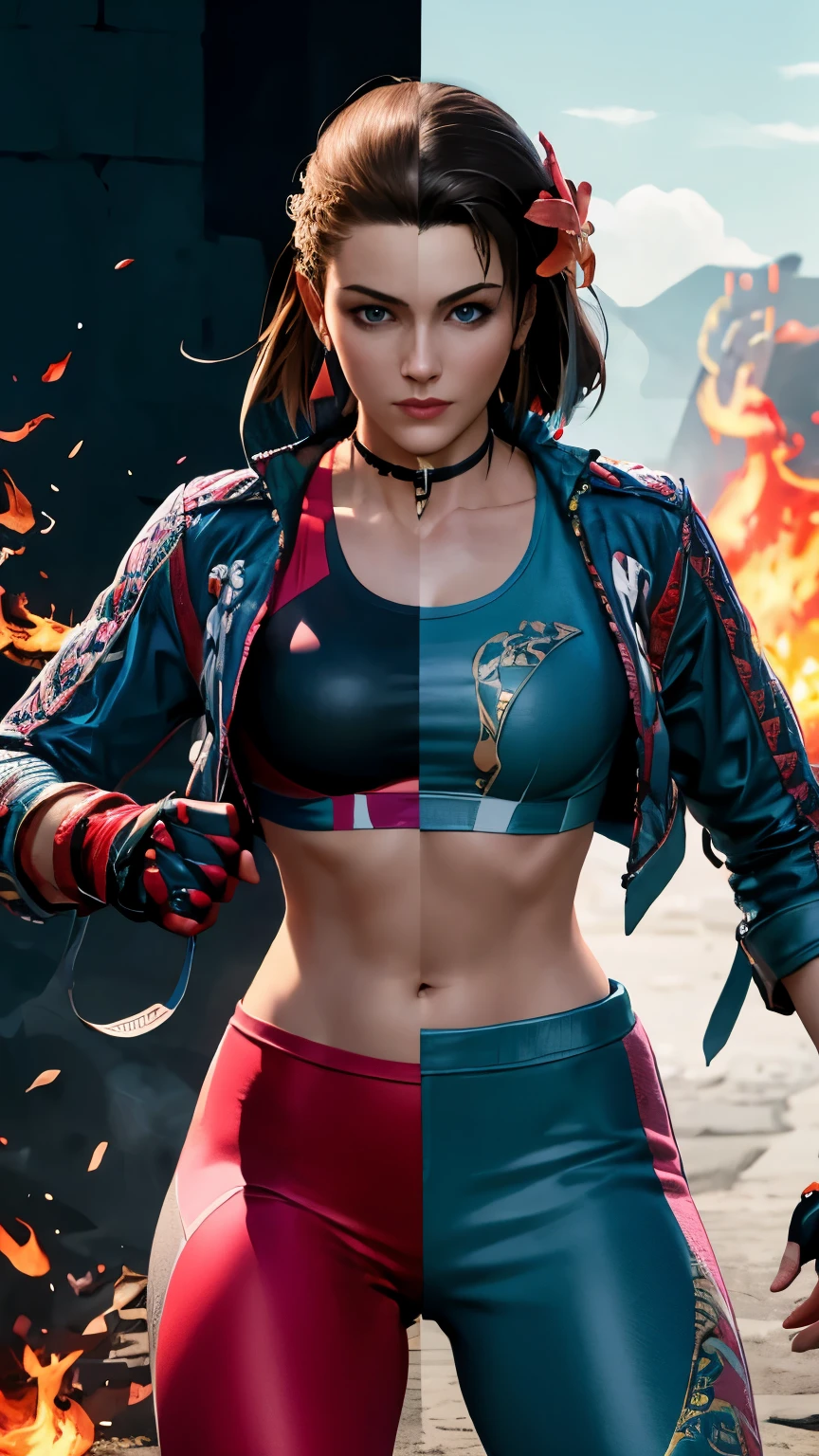 (Highly detailed, masterpiece, highly resolutions, highly quality,) fire background, ice background, 2girl, Line between the middle, Split Colored jacket, {{{SplitScreen, split screen, BREAK azucena from tekken, brown hair, hair ornament, gloves, navel, jewelry, jacket, flower, midriff, red pants, hair flower, fingerless gloves, necklace, open jacket, crop top, dark skin, dark-skinned female}}},
SplitScreen, split screen, BREAK cammy white, short hair, antenna hair, blue eyes, scar on cheek, large breasts, black choker, collarbone, blue jacket, cropped jacket, open jacket, sports bra, midriff, fingerless gloves, black gloves, black pants, Blonde hair,