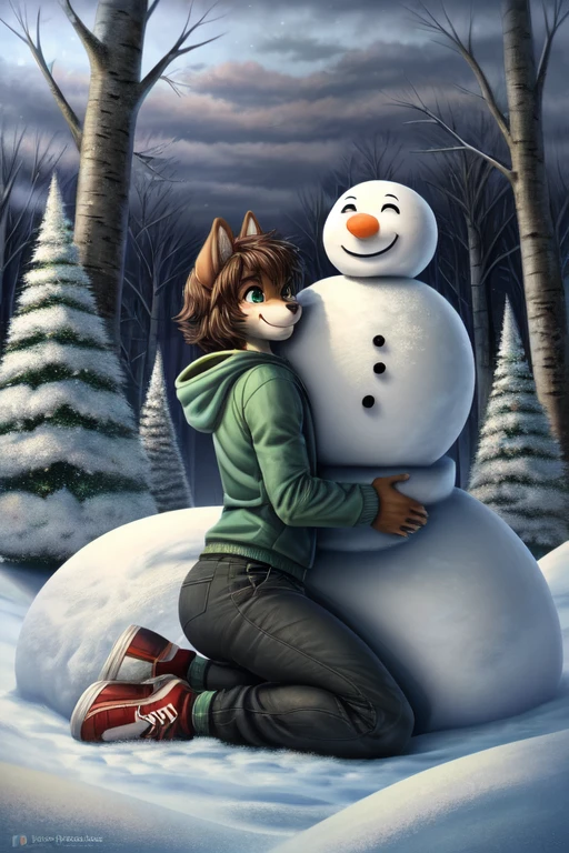 ((best quality)), ((masterpiece)), (detailed), perfect face, Furry, male, anthropomorphic wolf, Russet brown fur, dark brown hair, dark green eyes, 6'1 and 173 lbs, 41" Chest, 19" Shoulders, 13" Biceps, 32" waist, 23" Thighs, 15" Calves, 19" Back, wearing Spring Green Anorak, wearing fur lined Anorak, wearing long sleeved undershirt, wearing black sweat pants, wearing dark slate gray slip on shoes, Winter scene, forest scene, birch forest, located back behind a suburban cul-de-sac, cloudy skies, gray skies, crepuscular rays, twilight, on knees, eyes closed, warm smile, gentle smile, comforting smile, gently hugging snowman, beside snowman, to the left of snowman, dynamic lighting, perfect shading, soft shading, soft colors, vivid colors, pastel colors, Liminal space, dream core, nostalgia core, Anemoia, Kenopsia,